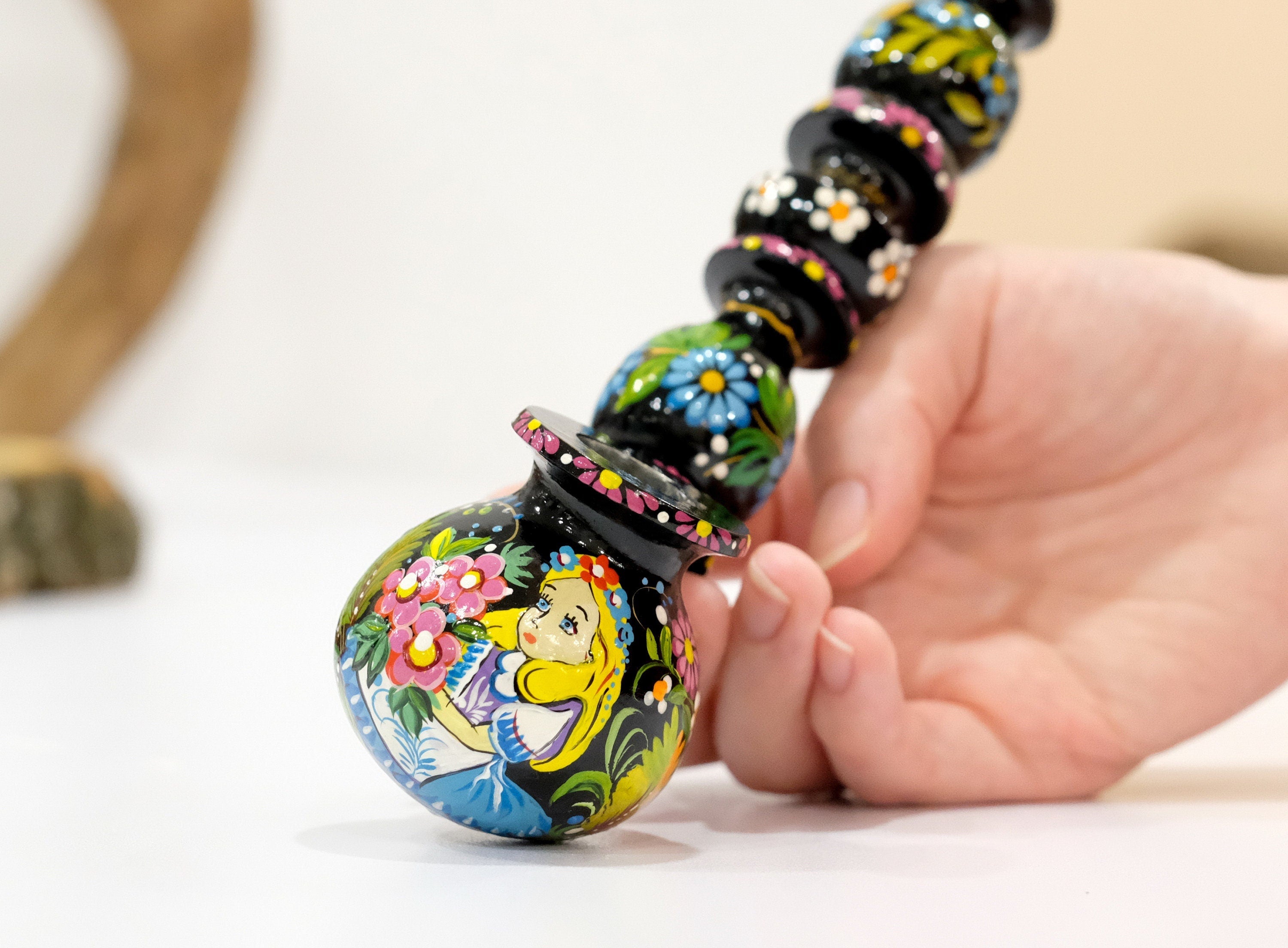 Painted Wooden Cartoon Smoking Pipe - Tobacco Pipe with Ukrainian Folk Art Petrykivka