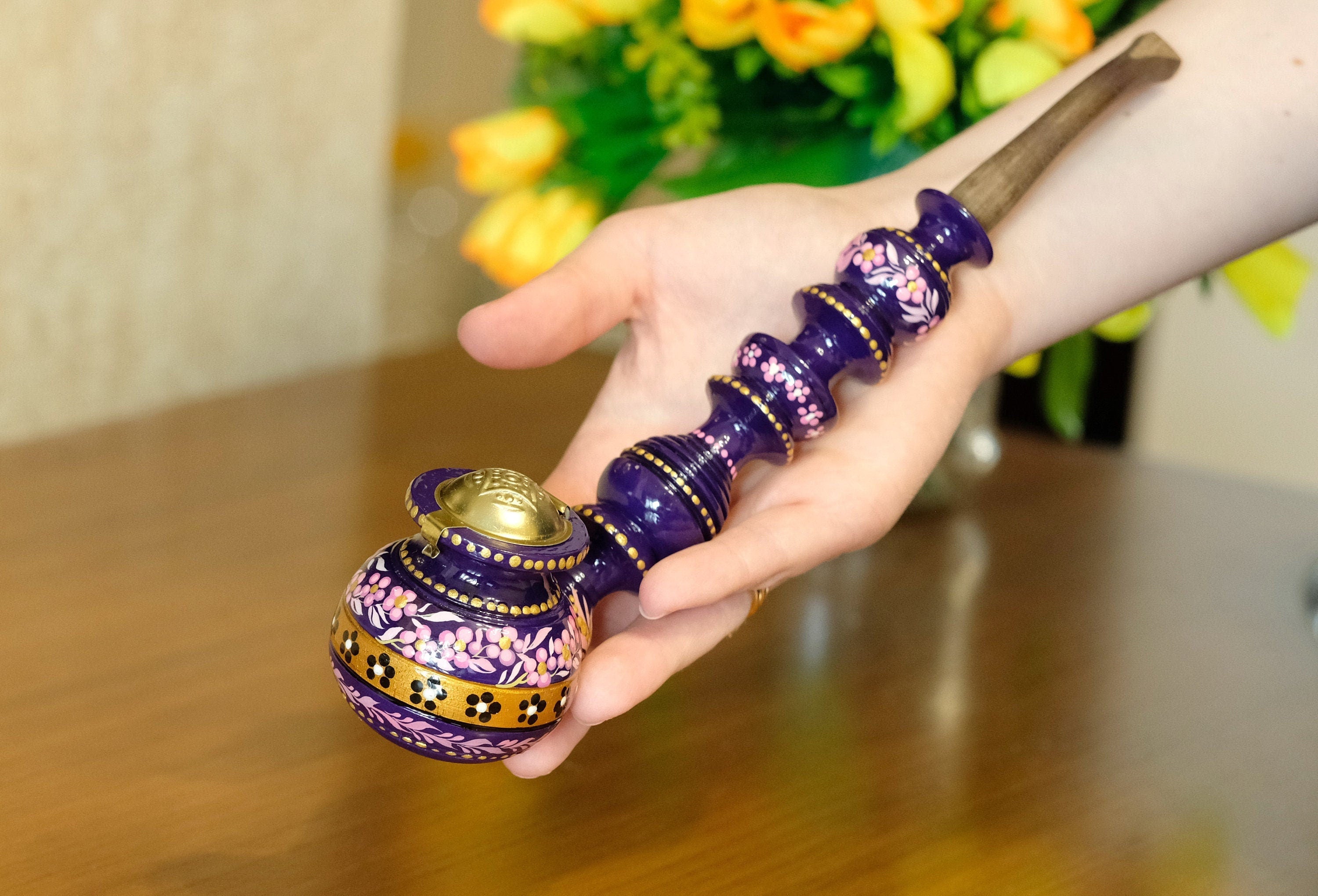 Painted Wooden Smoking Pipe with Lid - Cherry Blossom Tobacco Pipe - Ukrainian Folk Art Petrykivka