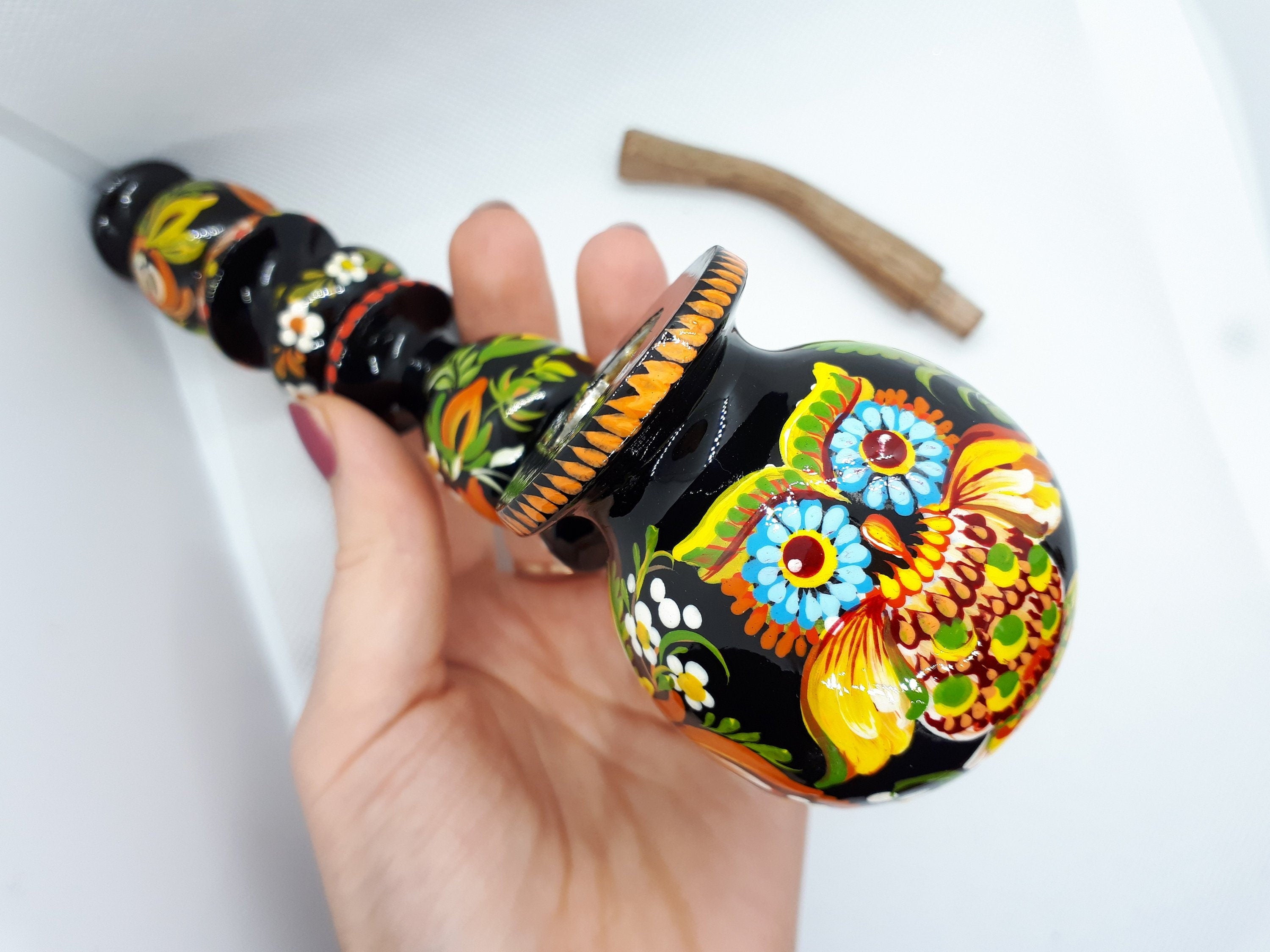 Painted Wooden Owl Smoking Pipe - Ukrainian Folk Art Petrykivka Tobacco Pipe