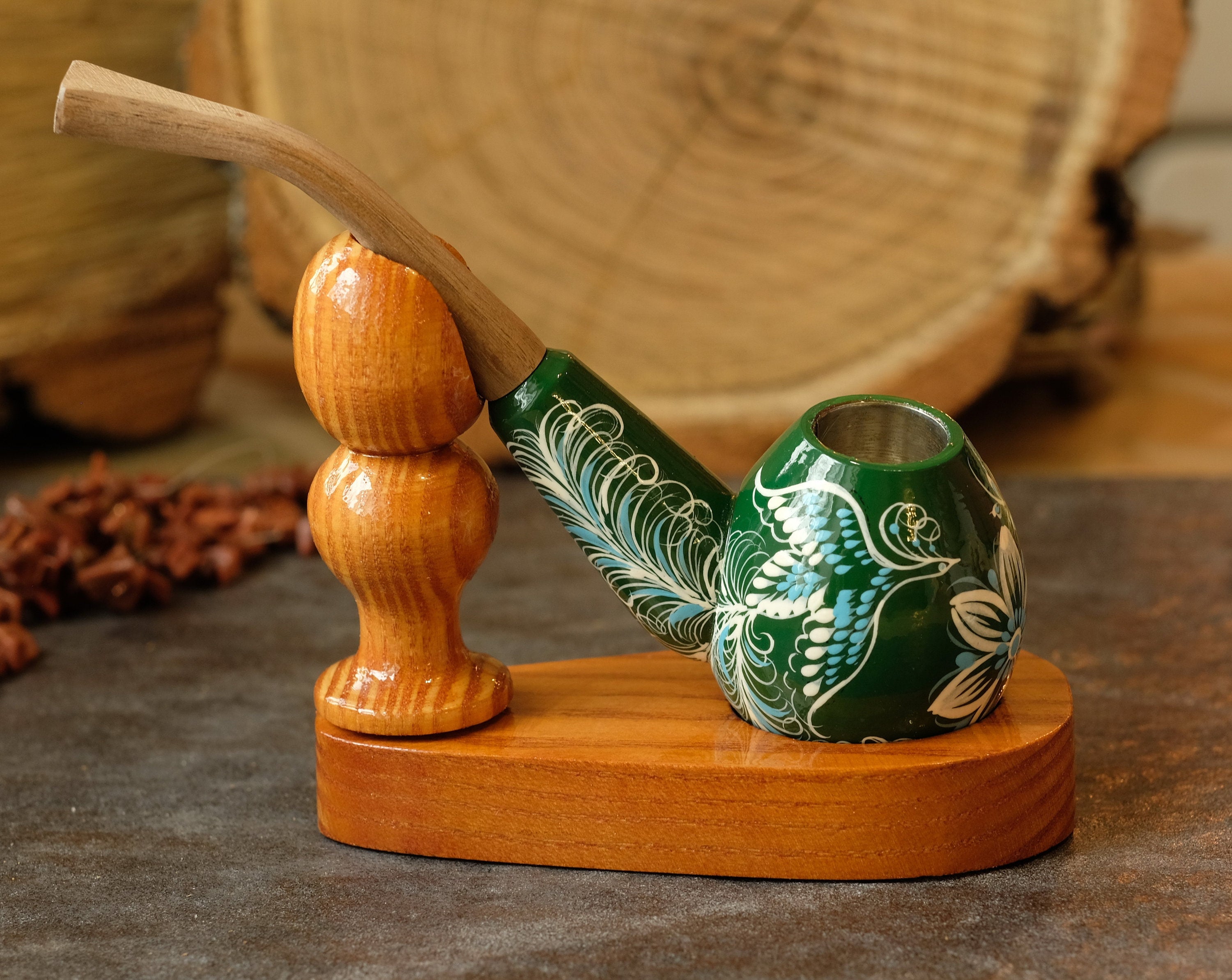 Hand-painted Fairy Bird Smoking Pipe - Wooden Tobacco Pipe with Ukrainian Folk Art Petrykivka