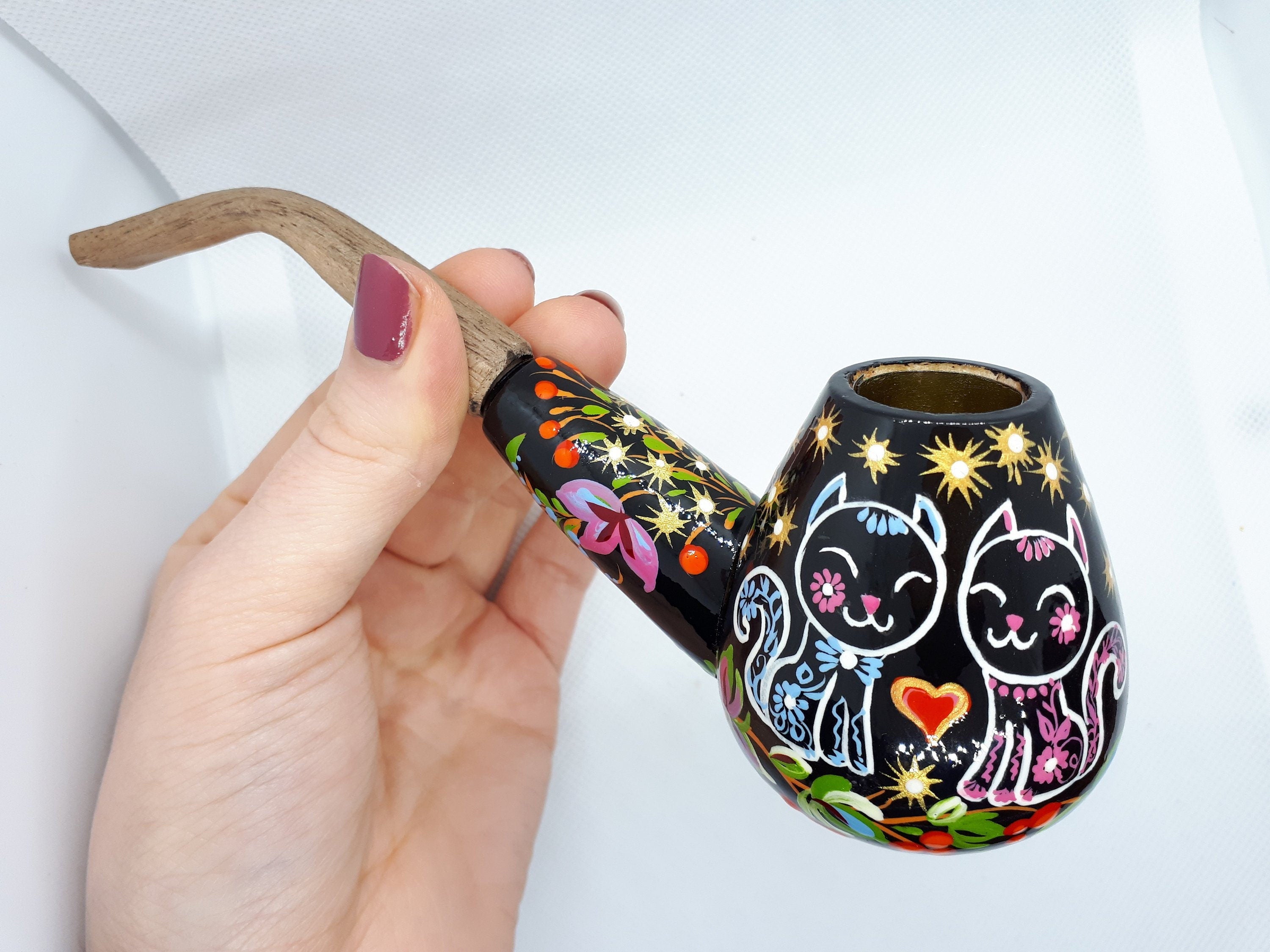 Painted Wooden Smoking Pipe - Cat Couple Tobacco Pipe with Ukrainian Folk Art Petrykivka