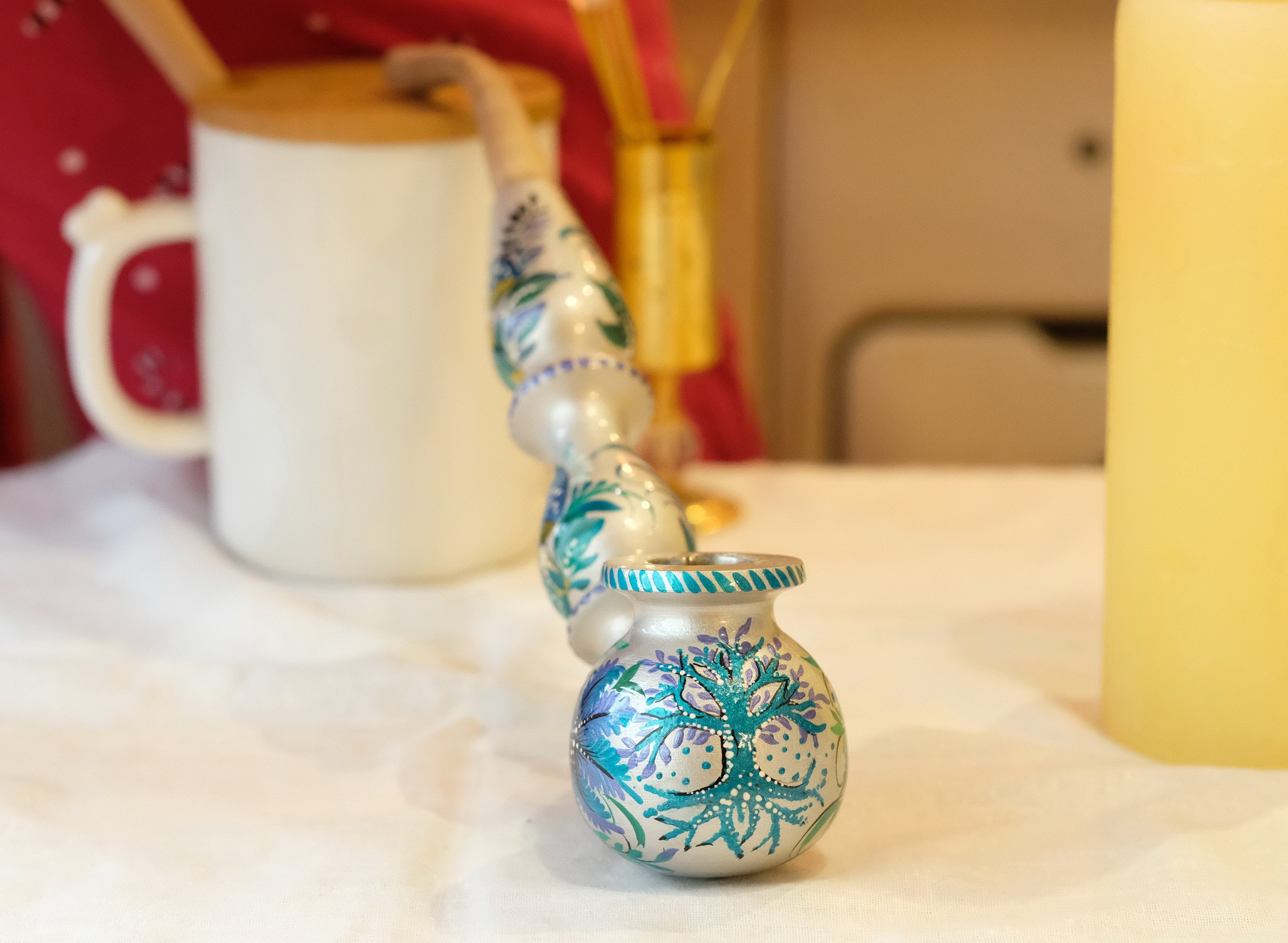 Long Painted Wooden Smoking Pipe - Tree of Life & Mushroom Tobacco Pipe with Ukrainian Petrykivka Art