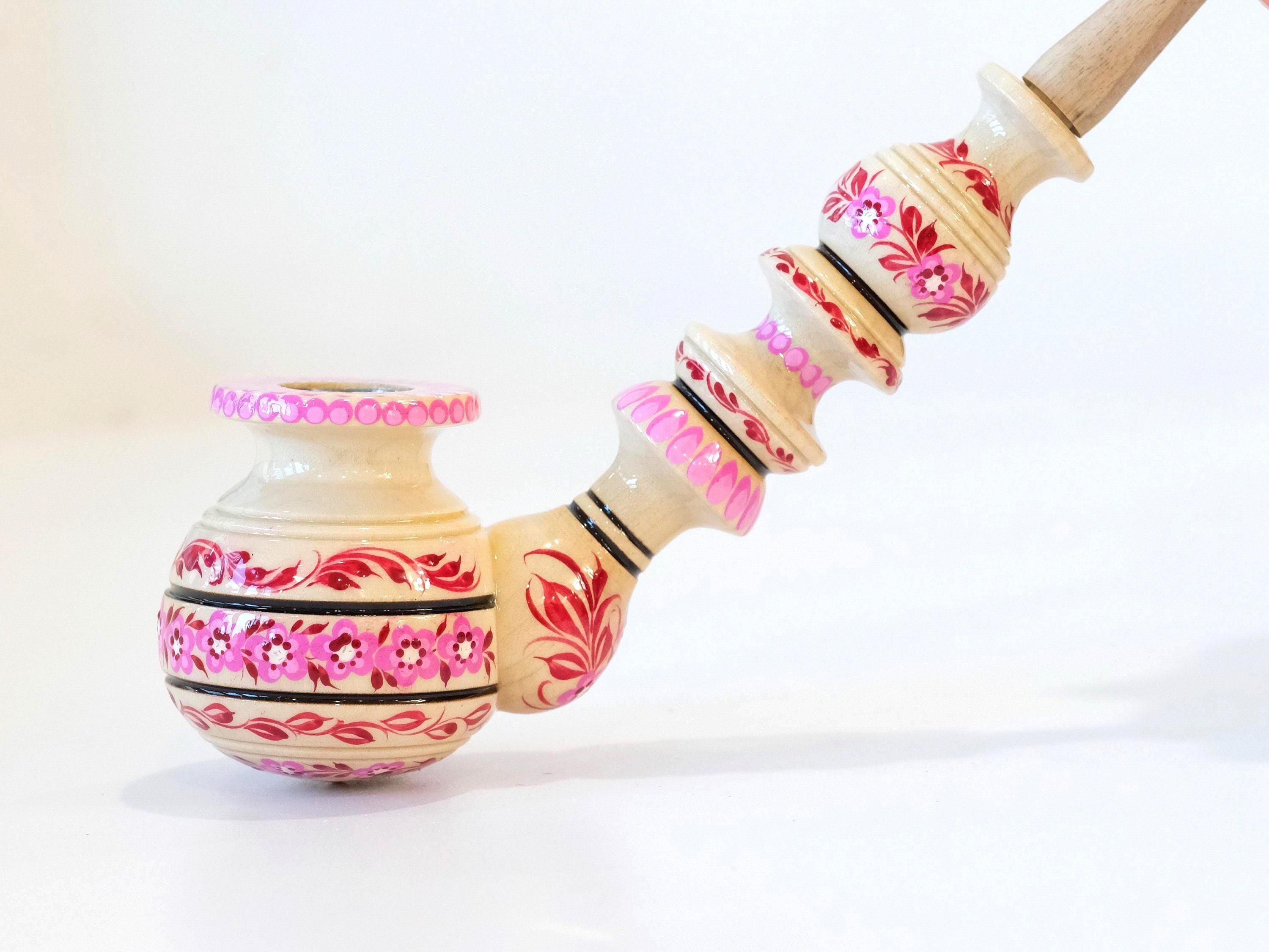 Painted Wooden Smoking Pipe - Pink Cherry Blossom Tobacco Pipe with Ukrainian Folk Art Petrykivka