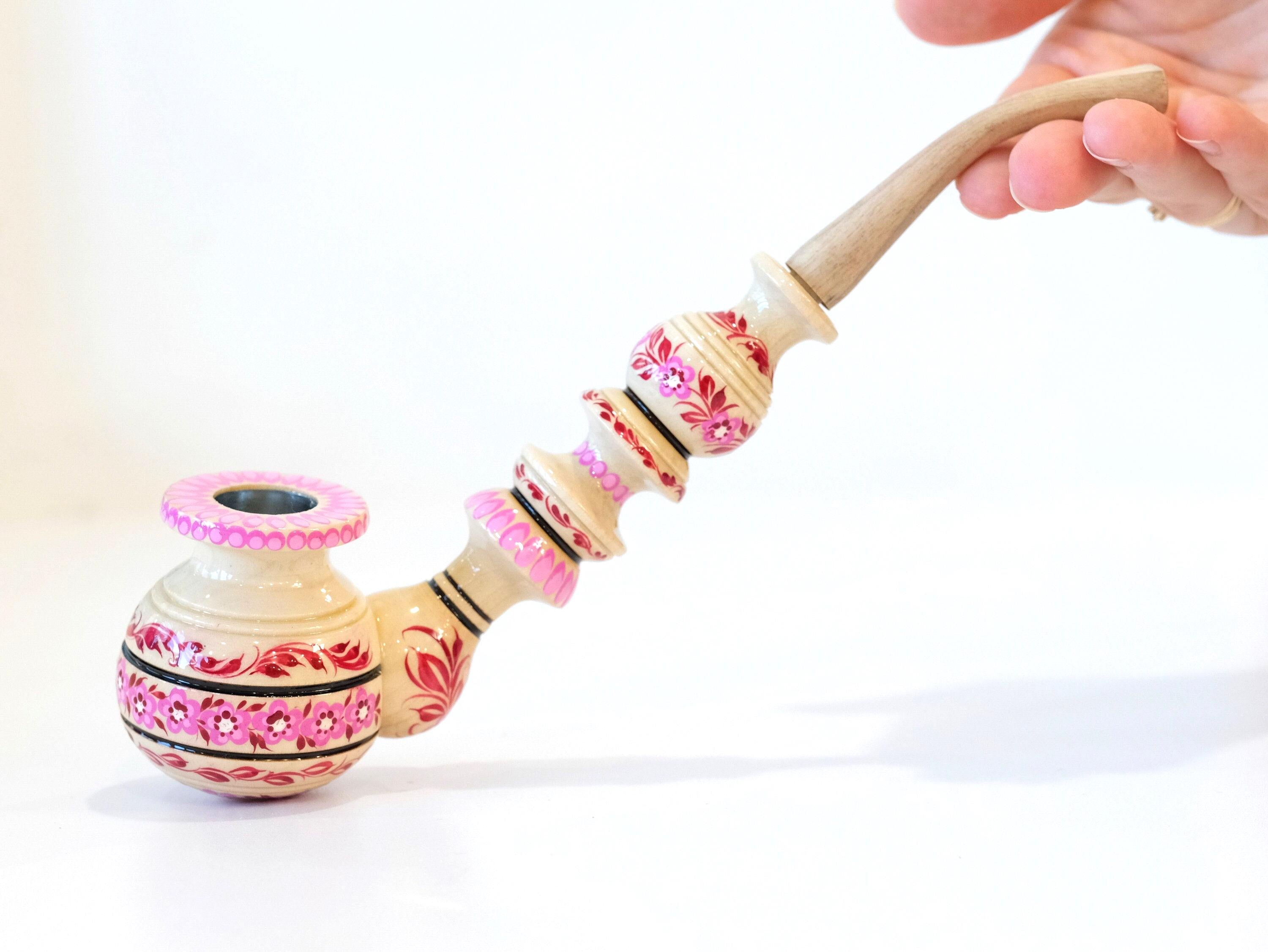 Painted Wooden Smoking Pipe - Pink Cherry Blossom Tobacco Pipe with Ukrainian Folk Art Petrykivka