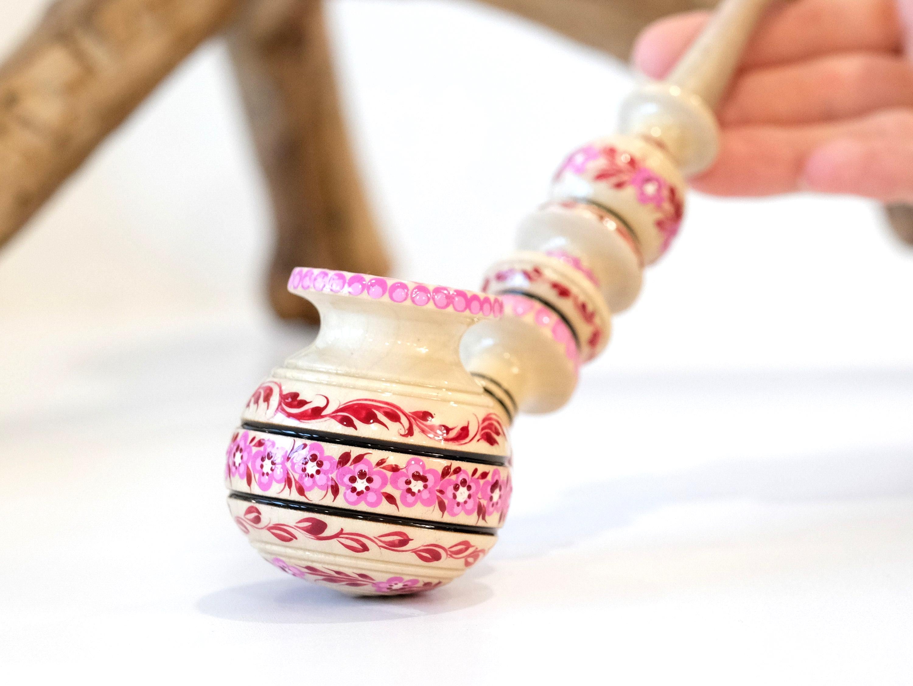 Painted Wooden Smoking Pipe - Pink Cherry Blossom Tobacco Pipe with Ukrainian Folk Art Petrykivka