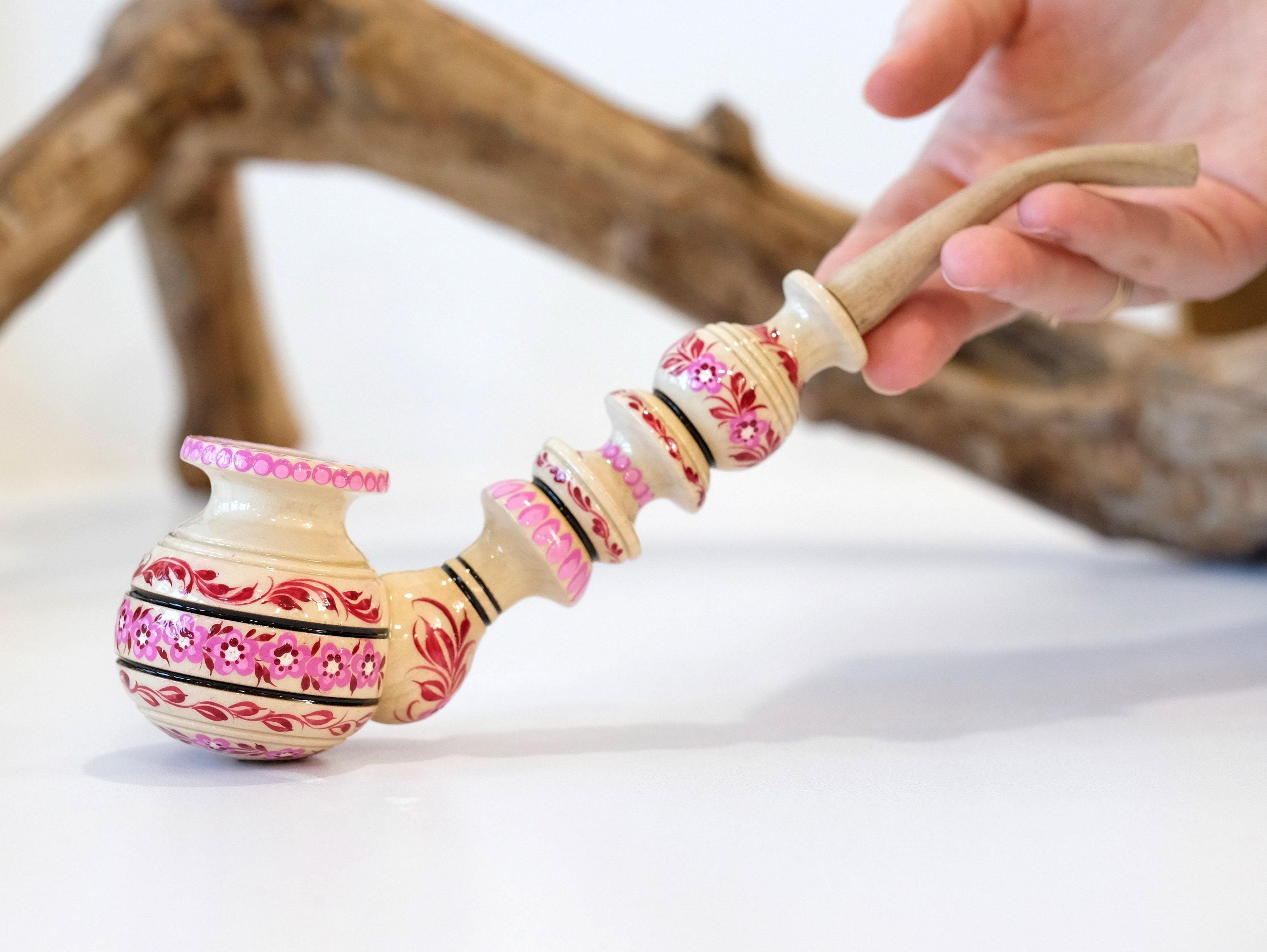 Painted Wooden Smoking Pipe - Pink Cherry Blossom Tobacco Pipe with Ukrainian Folk Art Petrykivka