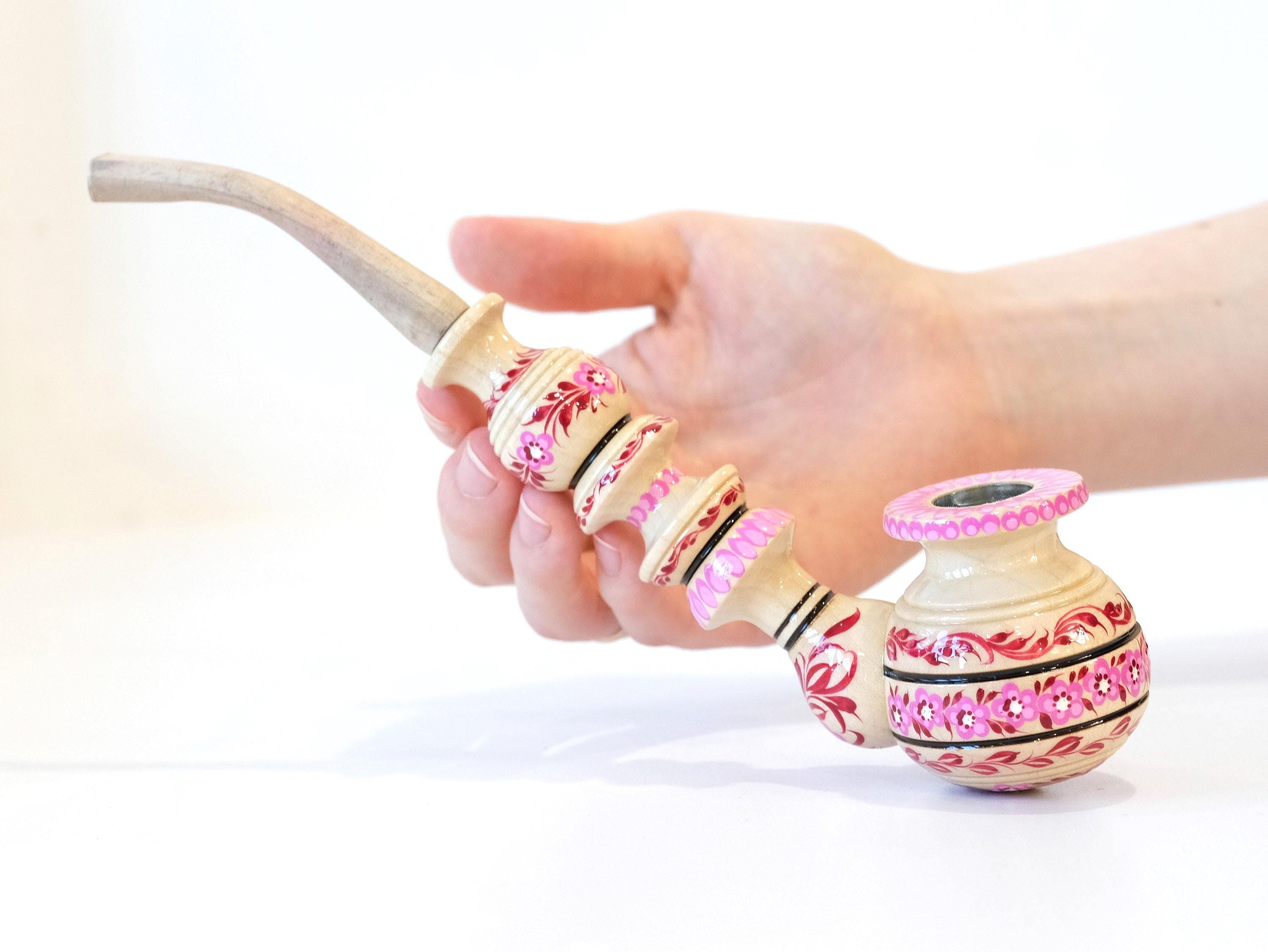 Painted Wooden Smoking Pipe - Pink Cherry Blossom Tobacco Pipe with Ukrainian Folk Art Petrykivka