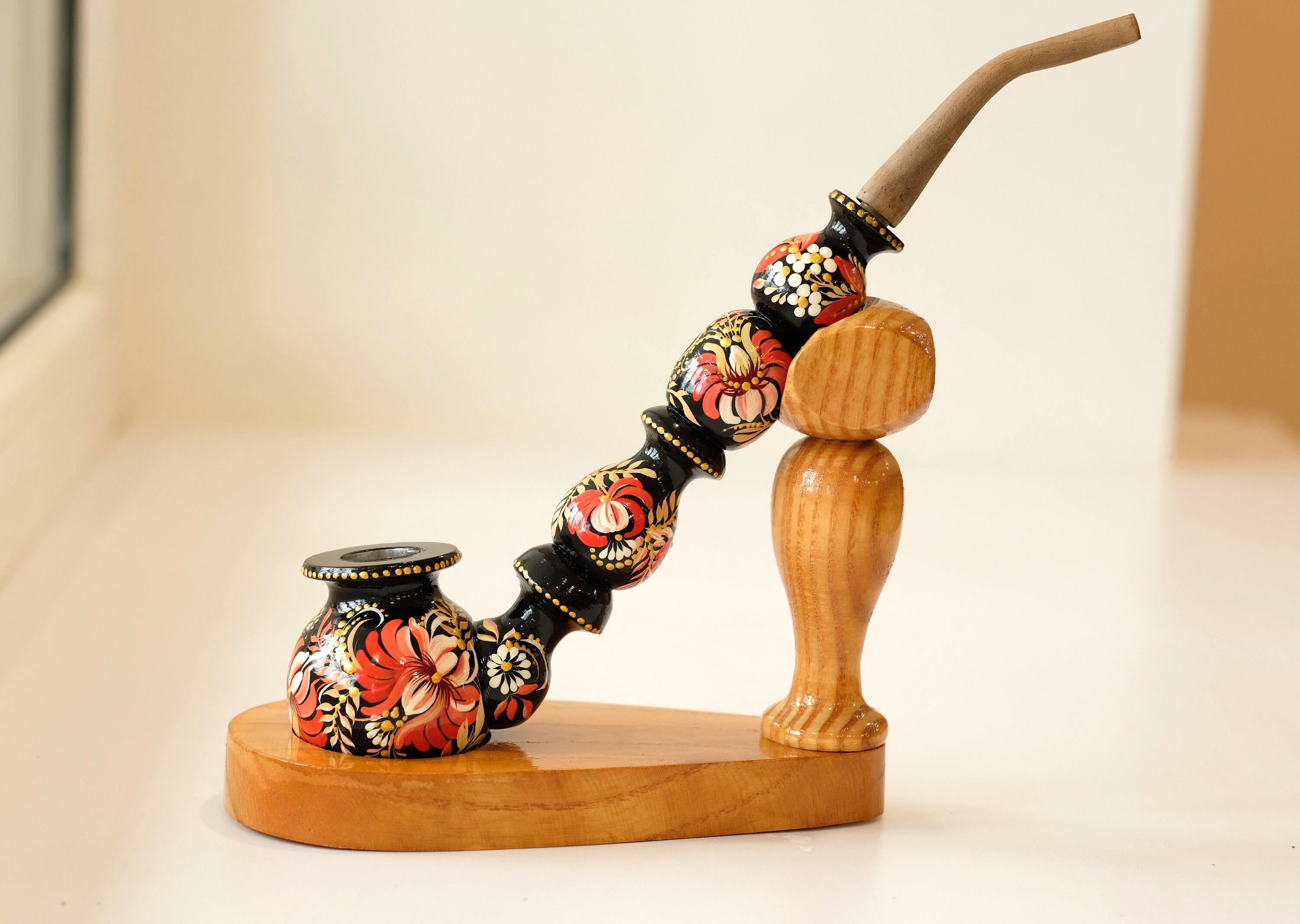 Long Wooden Smoking Pipe - Painted Red Flower Tobacco pipe with Ukrainian Folk Art Petrykivka