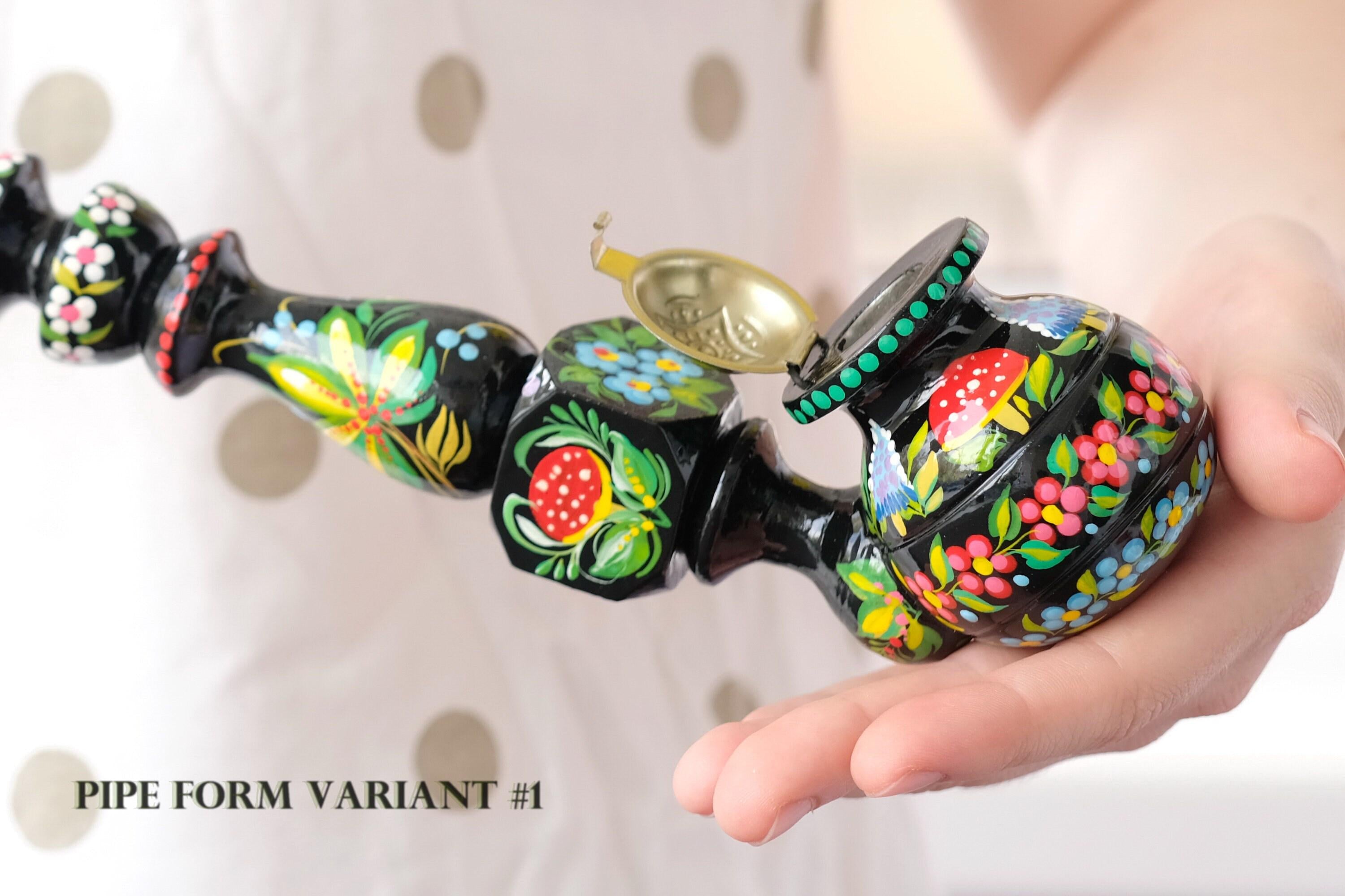 Extra Long Painted Wooden Smoking Pipe with Ukrainian Folk Art Petrykivka - Mushroom Tobacco Pipe with Lid