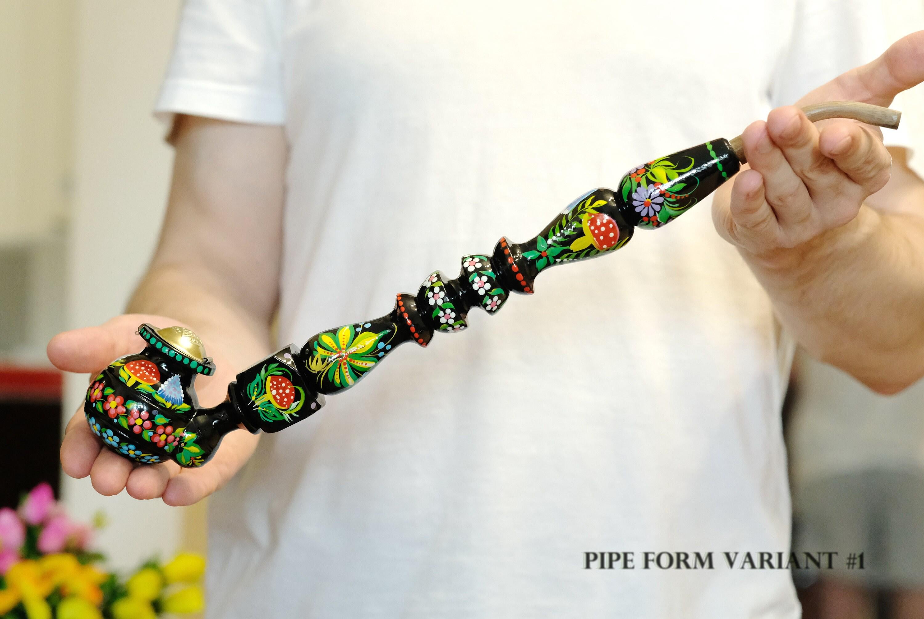 Extra Long Painted Wooden Smoking Pipe with Ukrainian Folk Art Petrykivka - Mushroom Tobacco Pipe with Lid