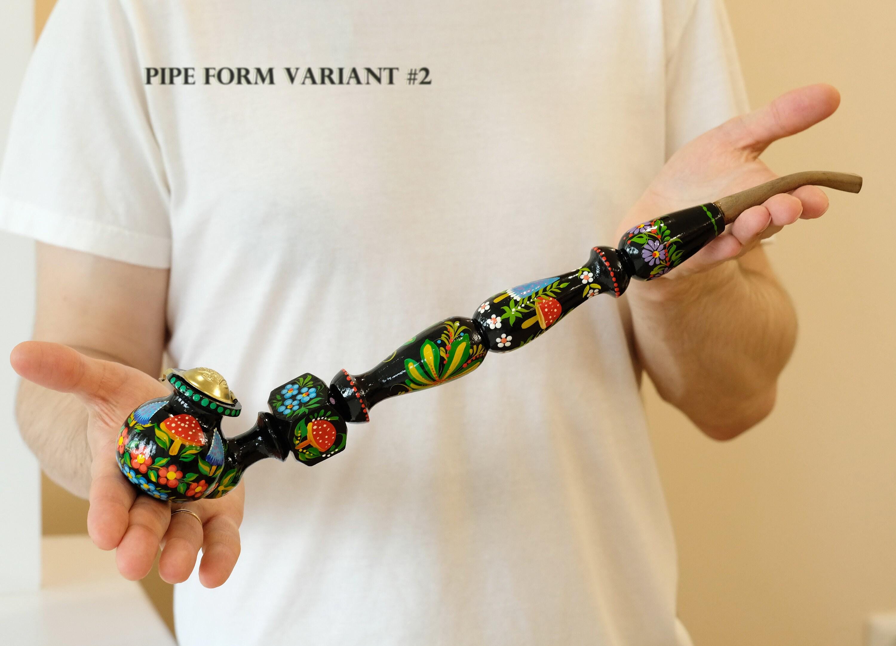 Extra Long Painted Wooden Smoking Pipe with Ukrainian Folk Art Petrykivka - Mushroom Tobacco Pipe with Lid