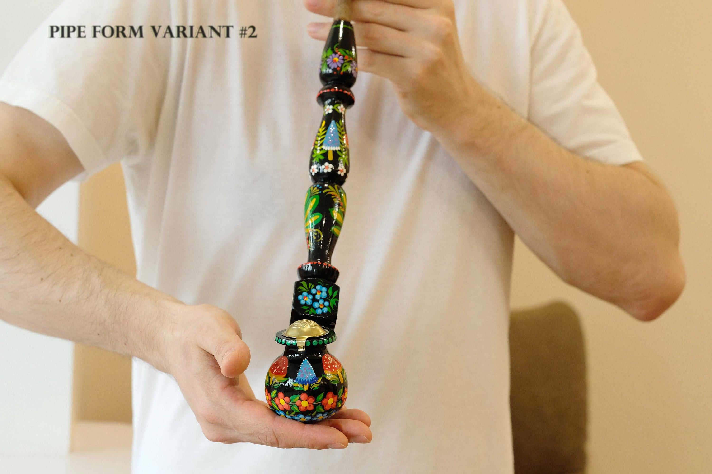 Extra Long Painted Wooden Smoking Pipe with Ukrainian Folk Art Petrykivka - Mushroom Tobacco Pipe with Lid