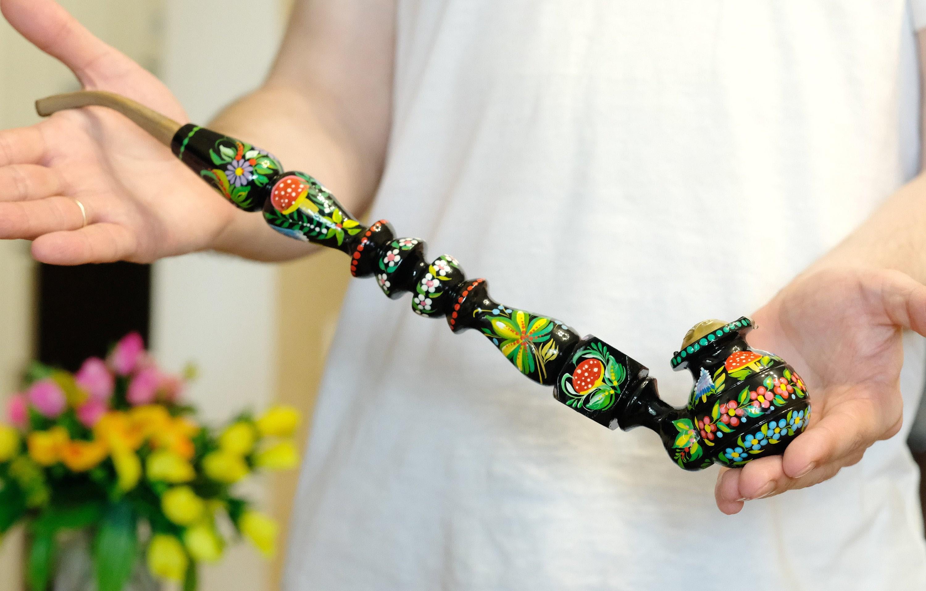 Extra Long Painted Wooden Smoking Pipe with Ukrainian Folk Art Petrykivka - Mushroom Tobacco Pipe with Lid