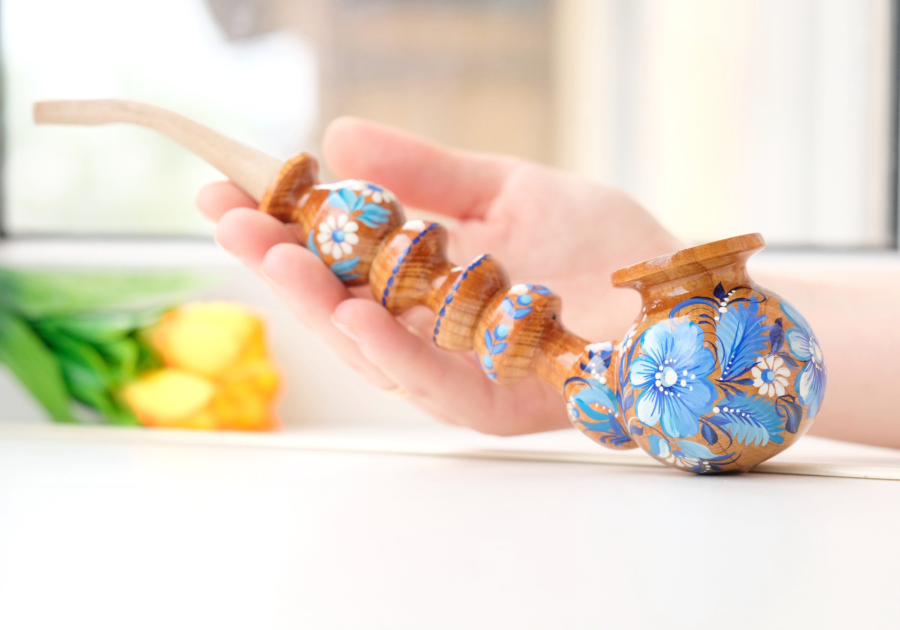Painted Wooden Smoking Pipe with Ukrainian Folk Art Petrykivka - Blue Flower Tobacco Pipe