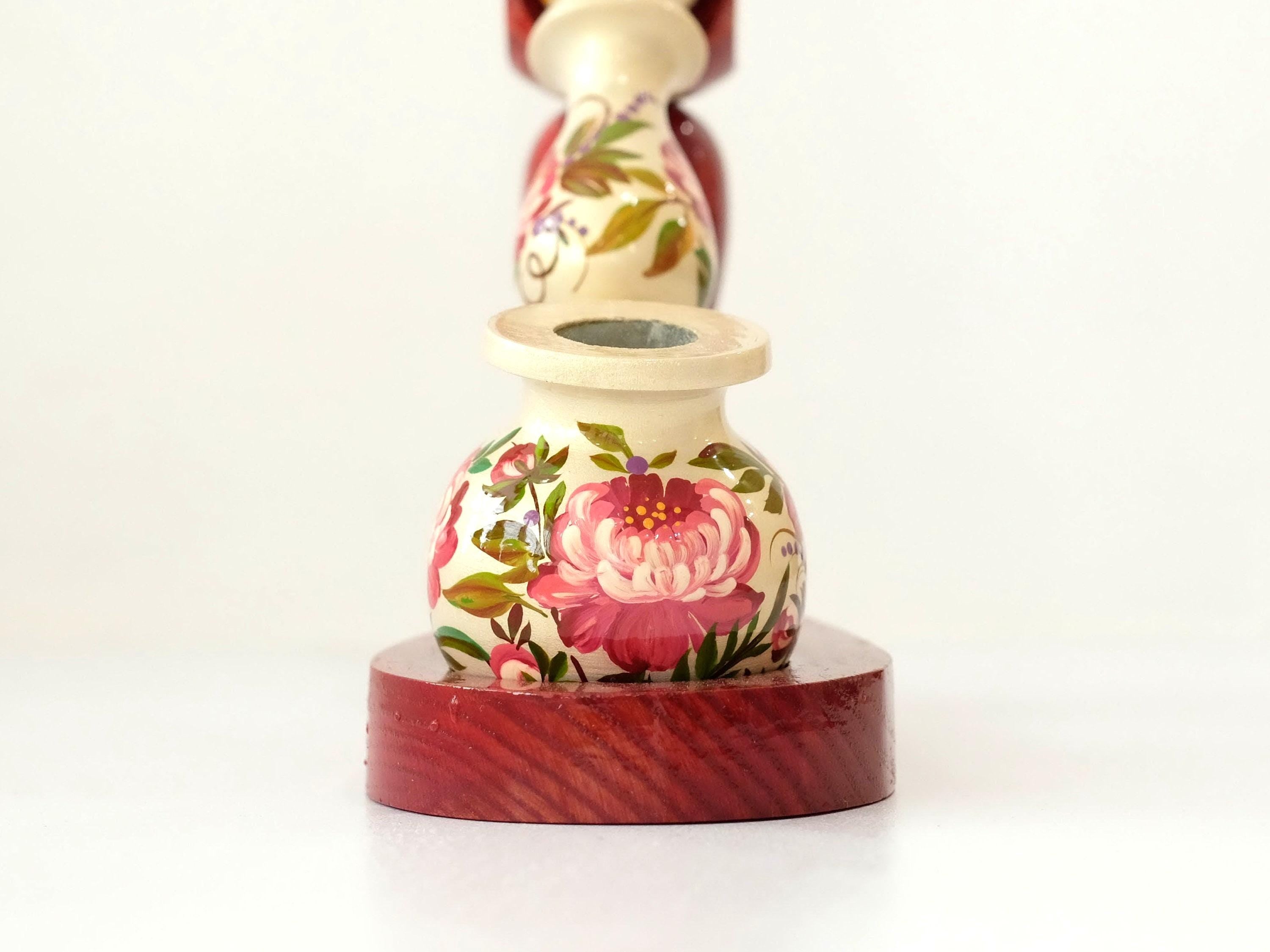 Long Wooden Smoking Pipe with Hand-painted Peonies - Ukrainian Folk Art Petrykivka, Pink Flower Tobacco Pipe