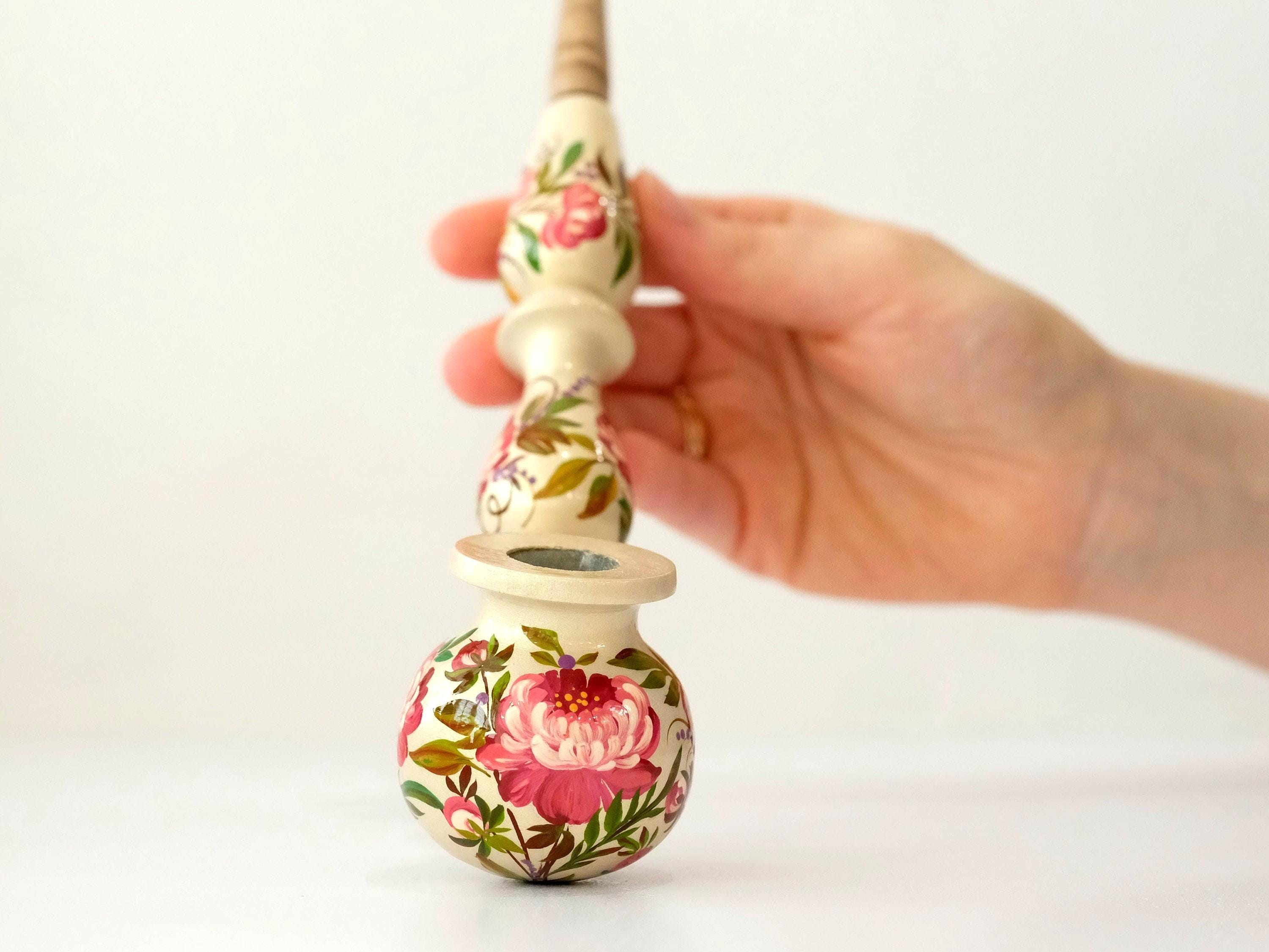 Long Wooden Smoking Pipe with Hand-painted Peonies - Ukrainian Folk Art Petrykivka, Pink Flower Tobacco Pipe