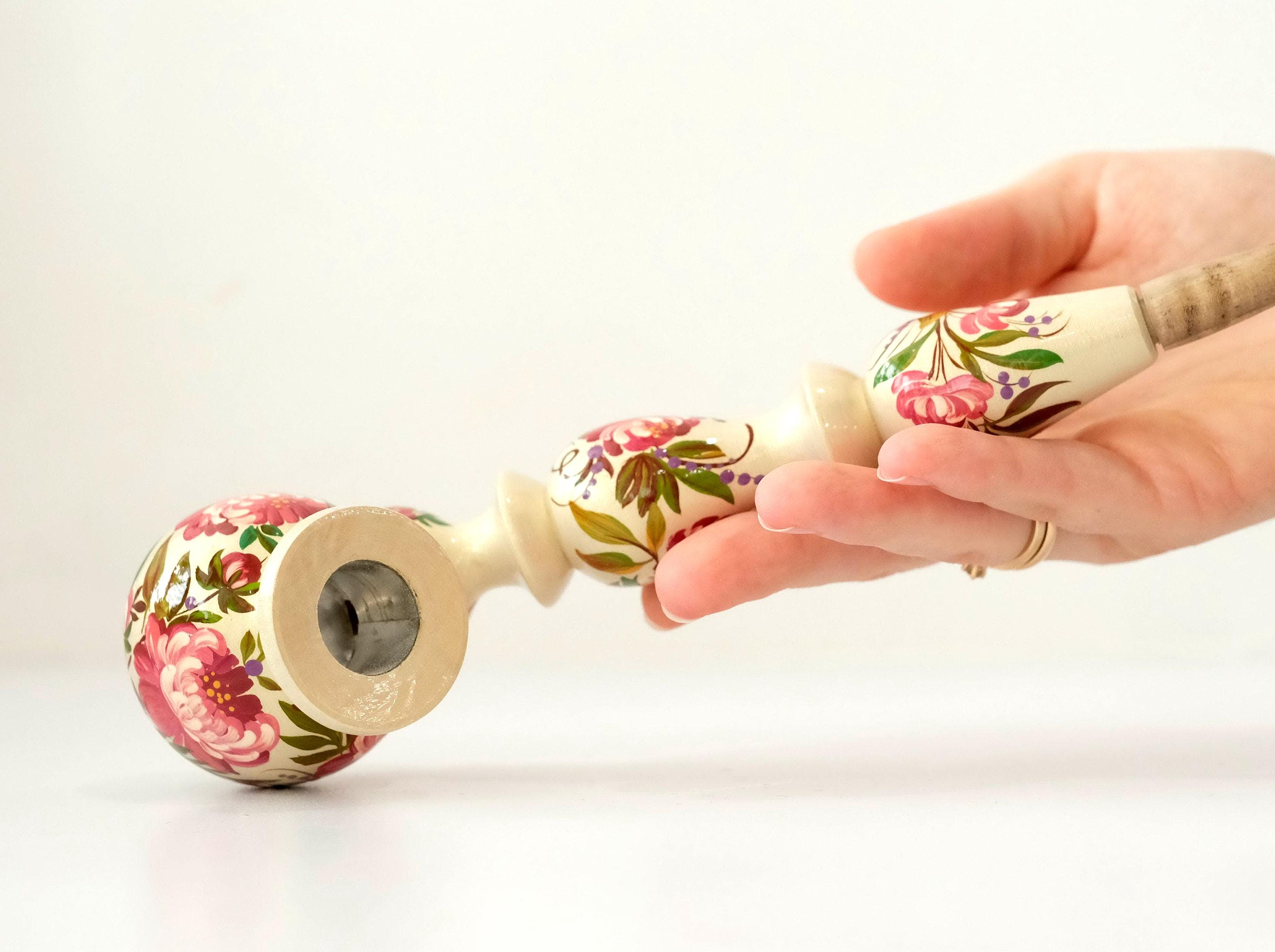Long Wooden Smoking Pipe with Hand-painted Peonies - Ukrainian Folk Art Petrykivka, Pink Flower Tobacco Pipe