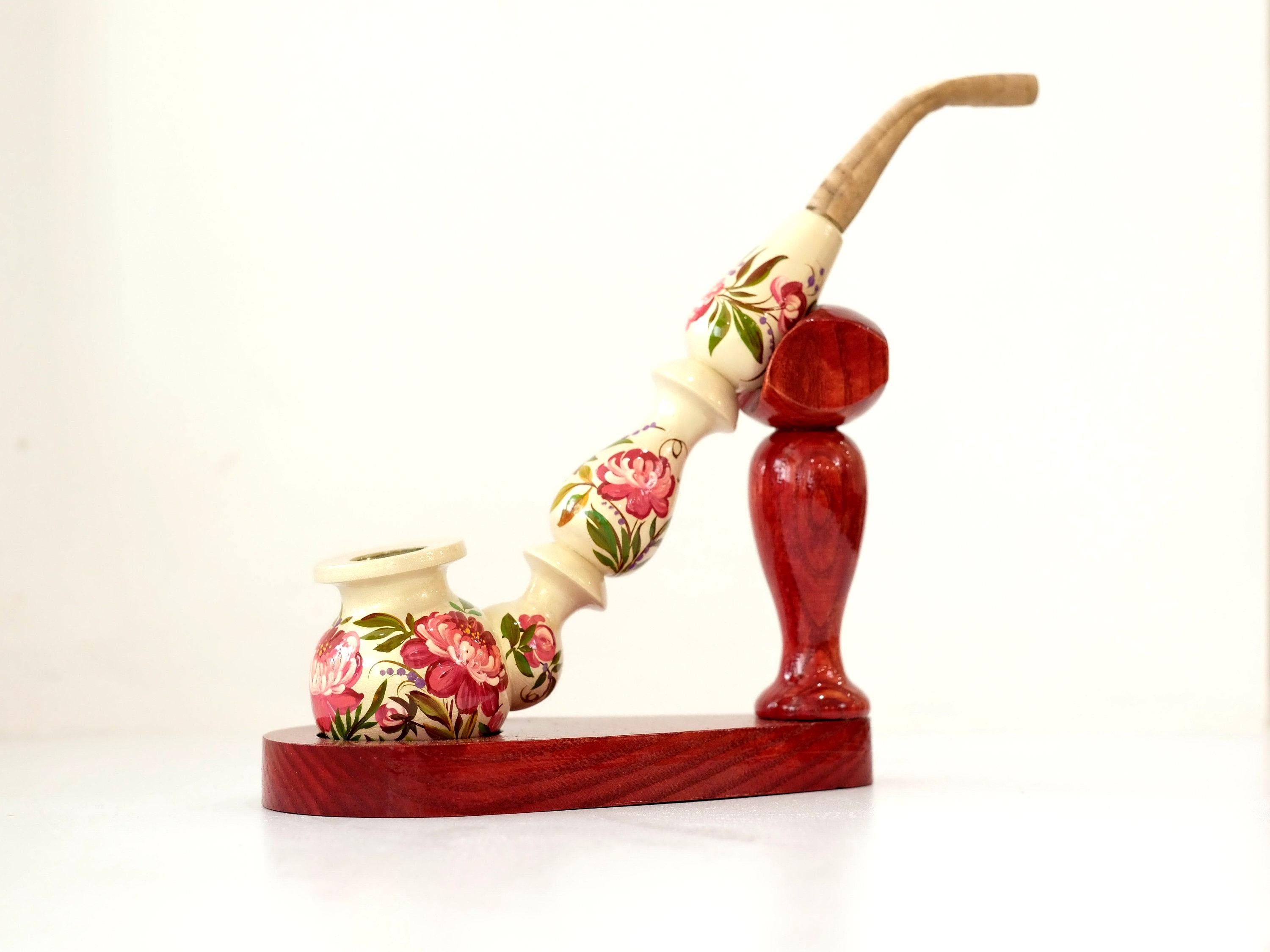Long Wooden Smoking Pipe with Hand-painted Peonies - Ukrainian Folk Art Petrykivka, Pink Flower Tobacco Pipe