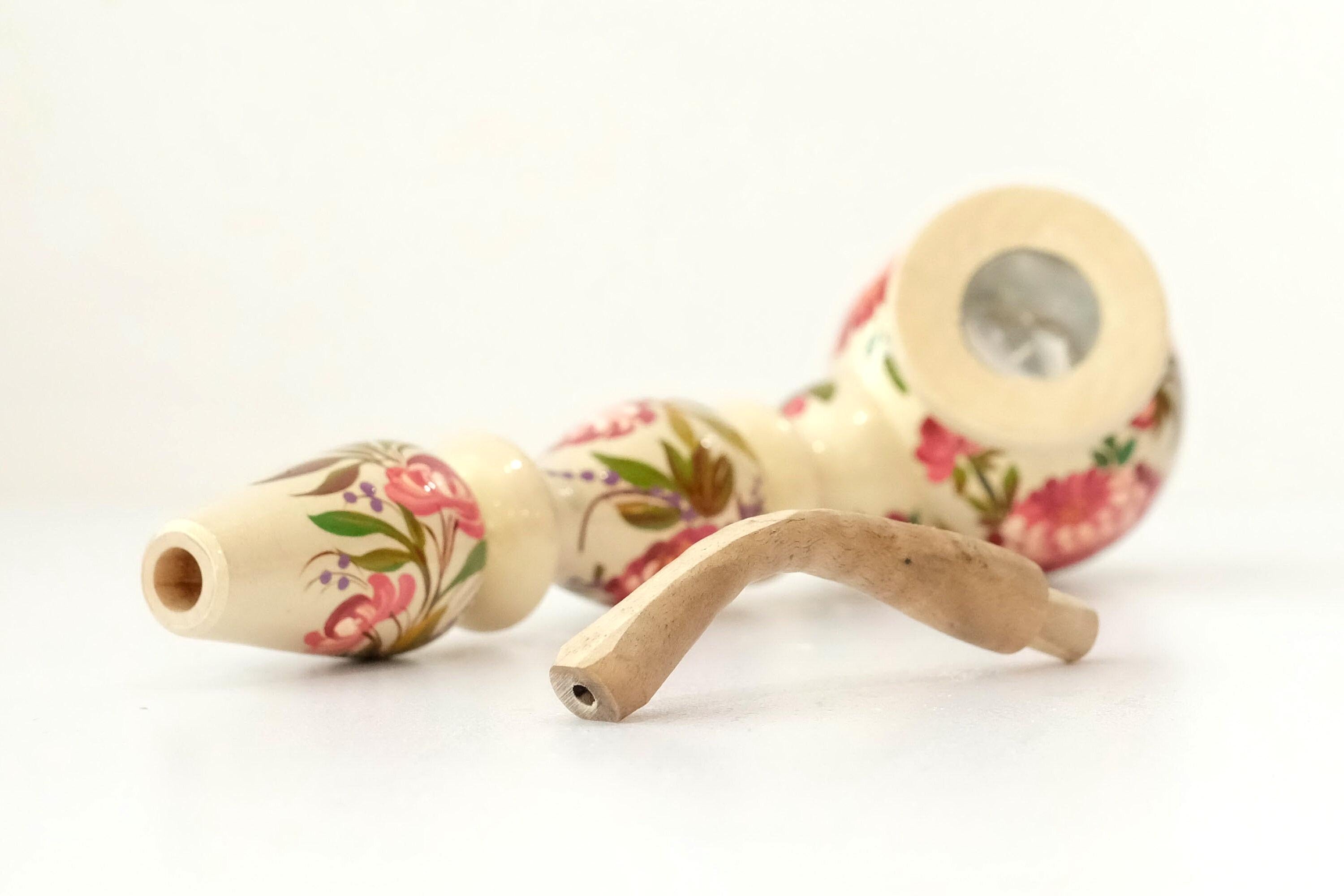 Long Wooden Smoking Pipe with Hand-painted Peonies - Ukrainian Folk Art Petrykivka, Pink Flower Tobacco Pipe