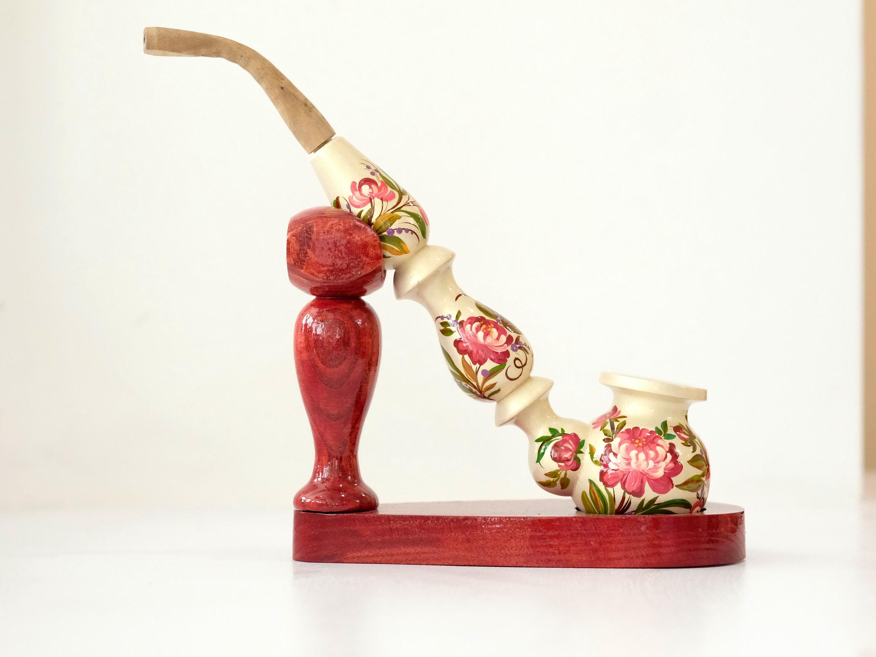 Long Wooden Smoking Pipe with Hand-painted Peonies - Ukrainian Folk Art Petrykivka, Pink Flower Tobacco Pipe