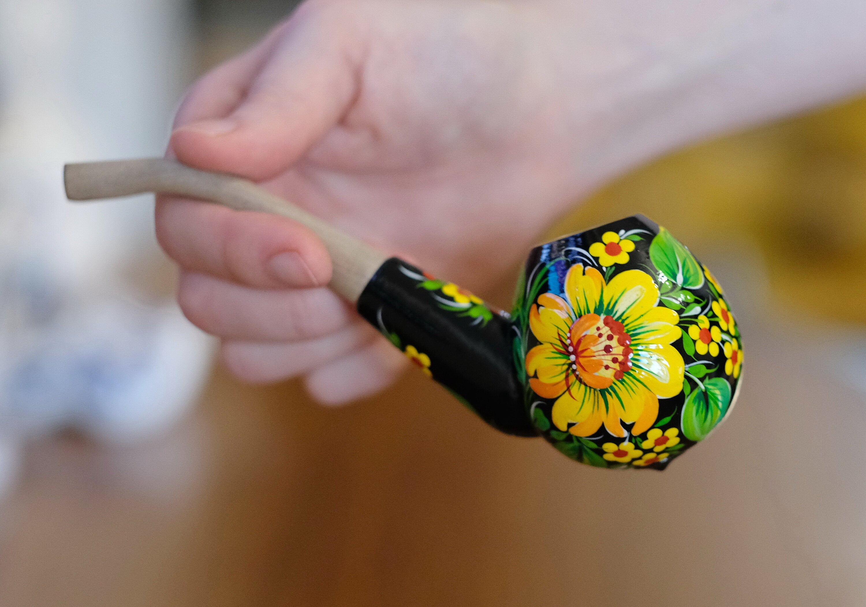 Sunflower Smoking Pipe - Hand-painted Wooden Tobacco Pipe with Ukrainian Folk Art Petrykivka