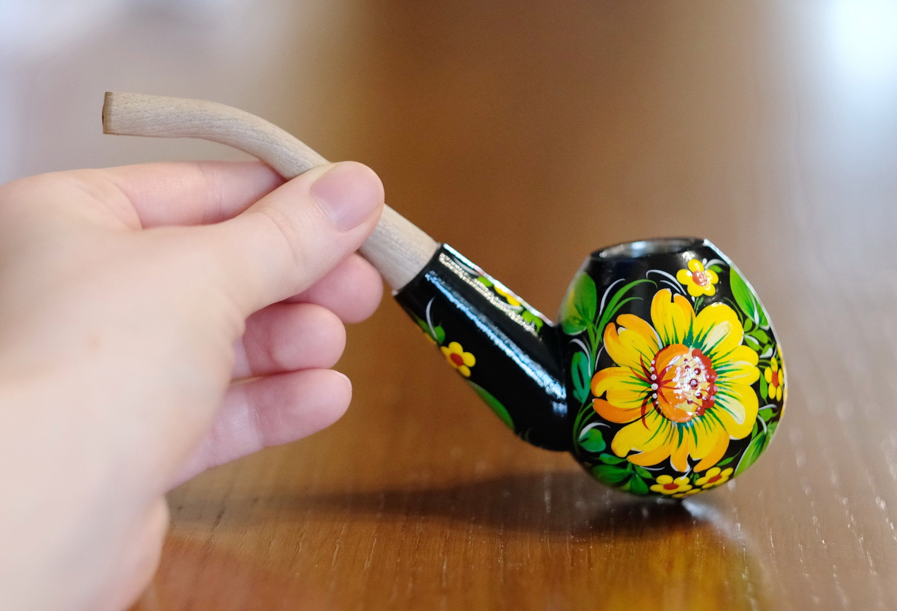 Sunflower Smoking Pipe - Hand-painted Wooden Tobacco Pipe with Ukrainian Folk Art Petrykivka