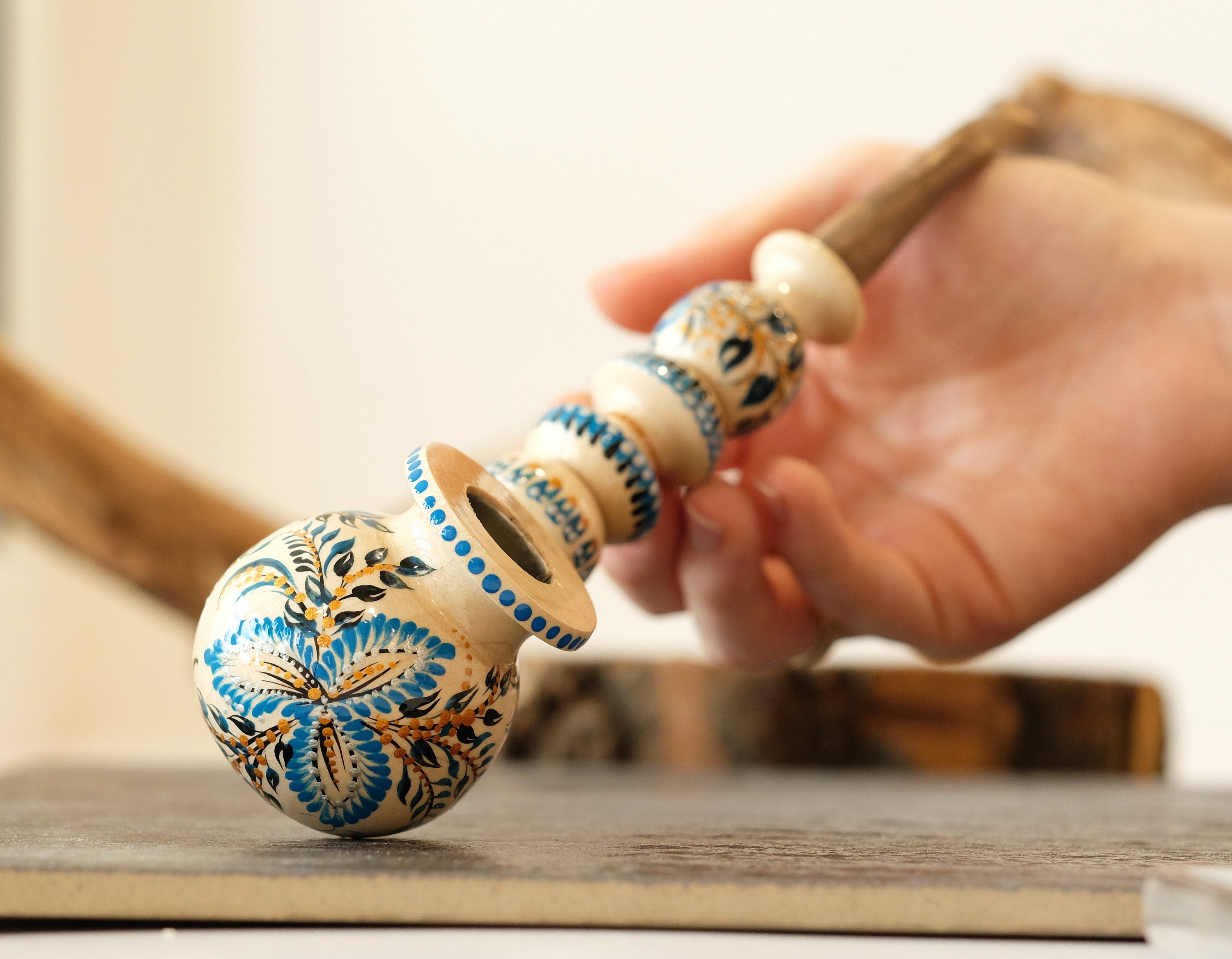 Long Wooden Smoking Pipe - Hand-painted Tobacco Pipe with Ukrainian Folk Art Petrykivka
