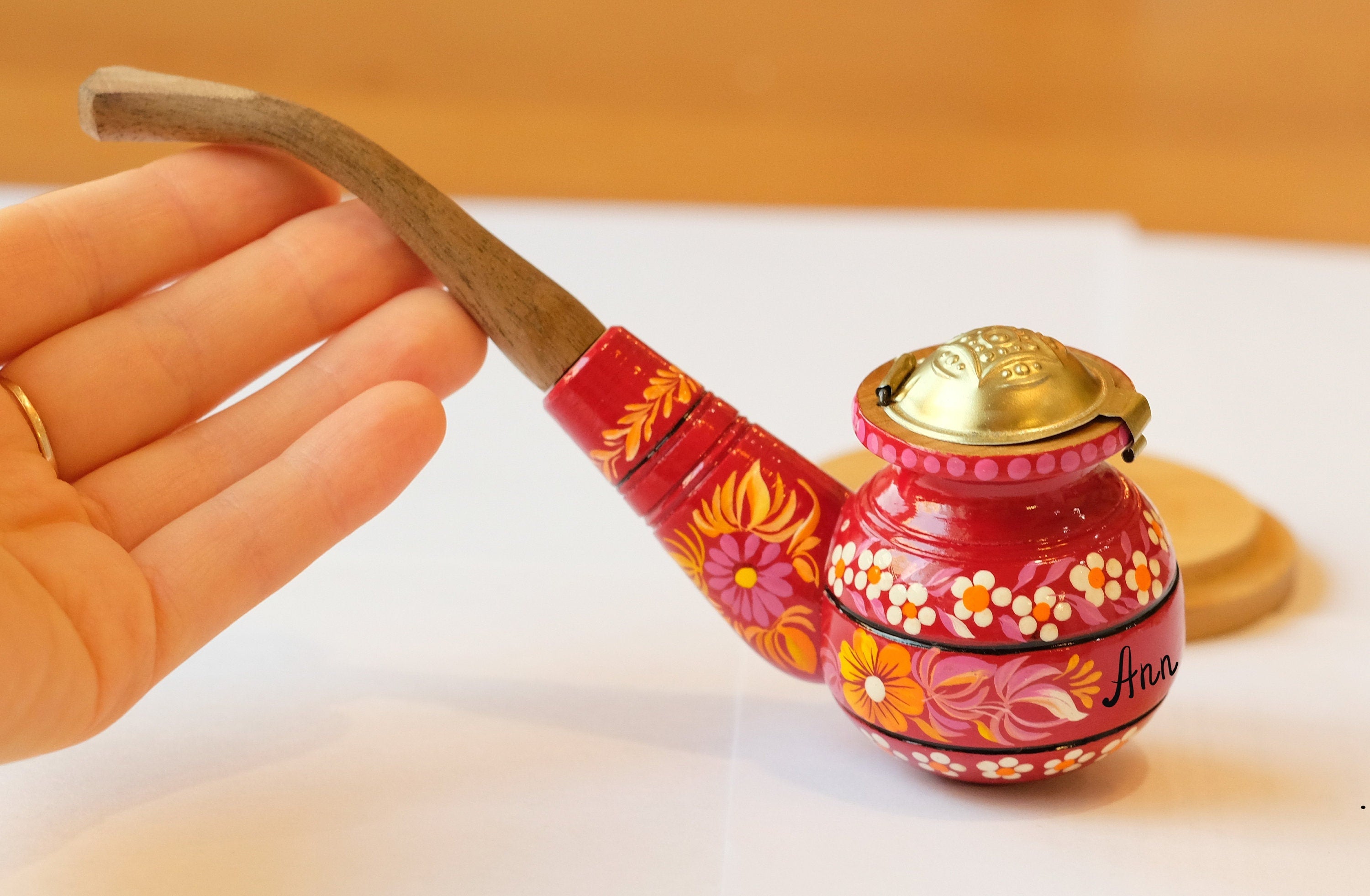 Personalized Wooden Smoking Pipe with Lid - Burgundy Tobacco Pipe with Ukrainian Folk Art Petrykivka