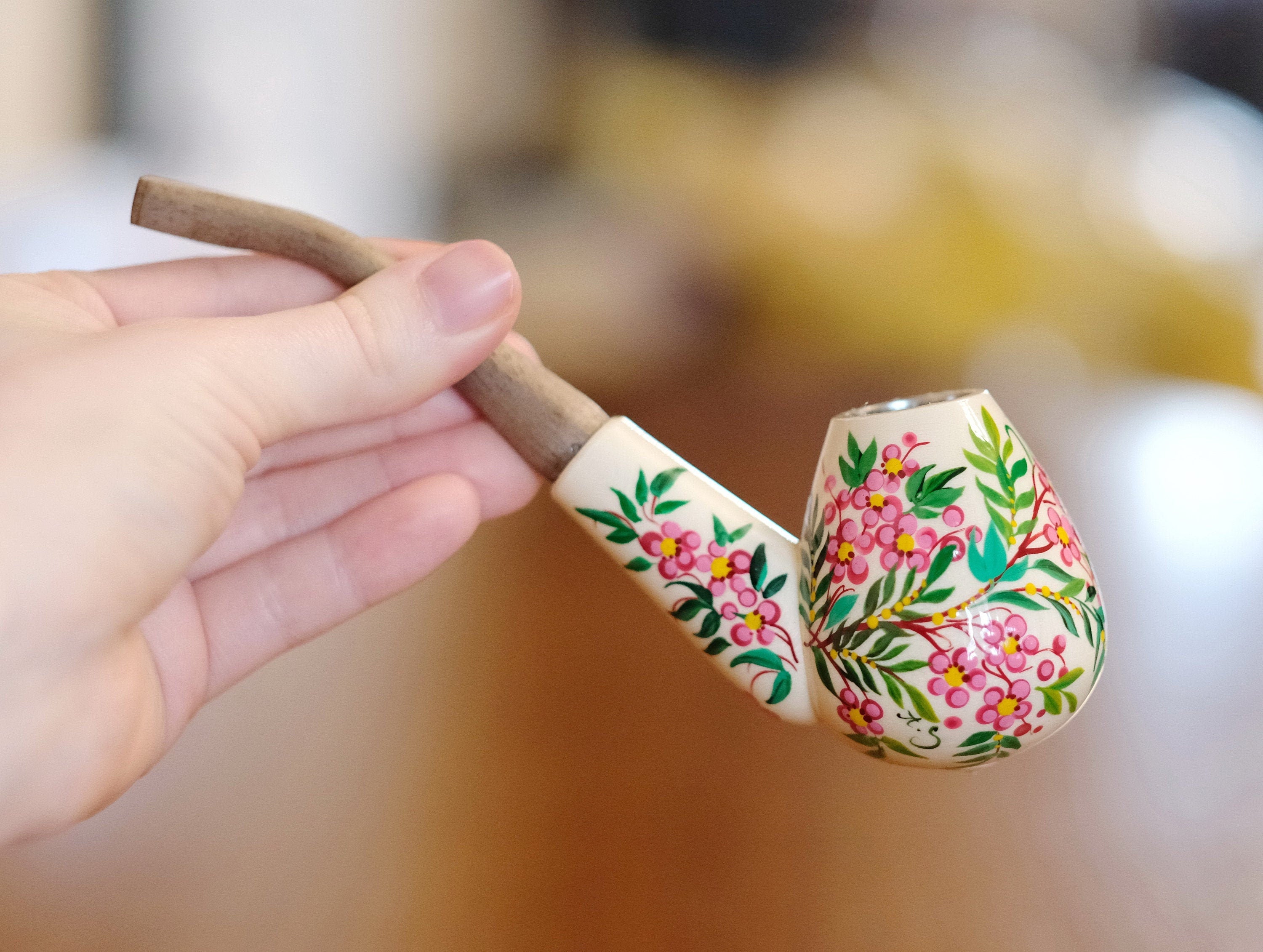 Wooden Tobacco Smoking Pipe - Painted Cherry Blossom Pipe with Ukrainian Folk Art Petrykivka