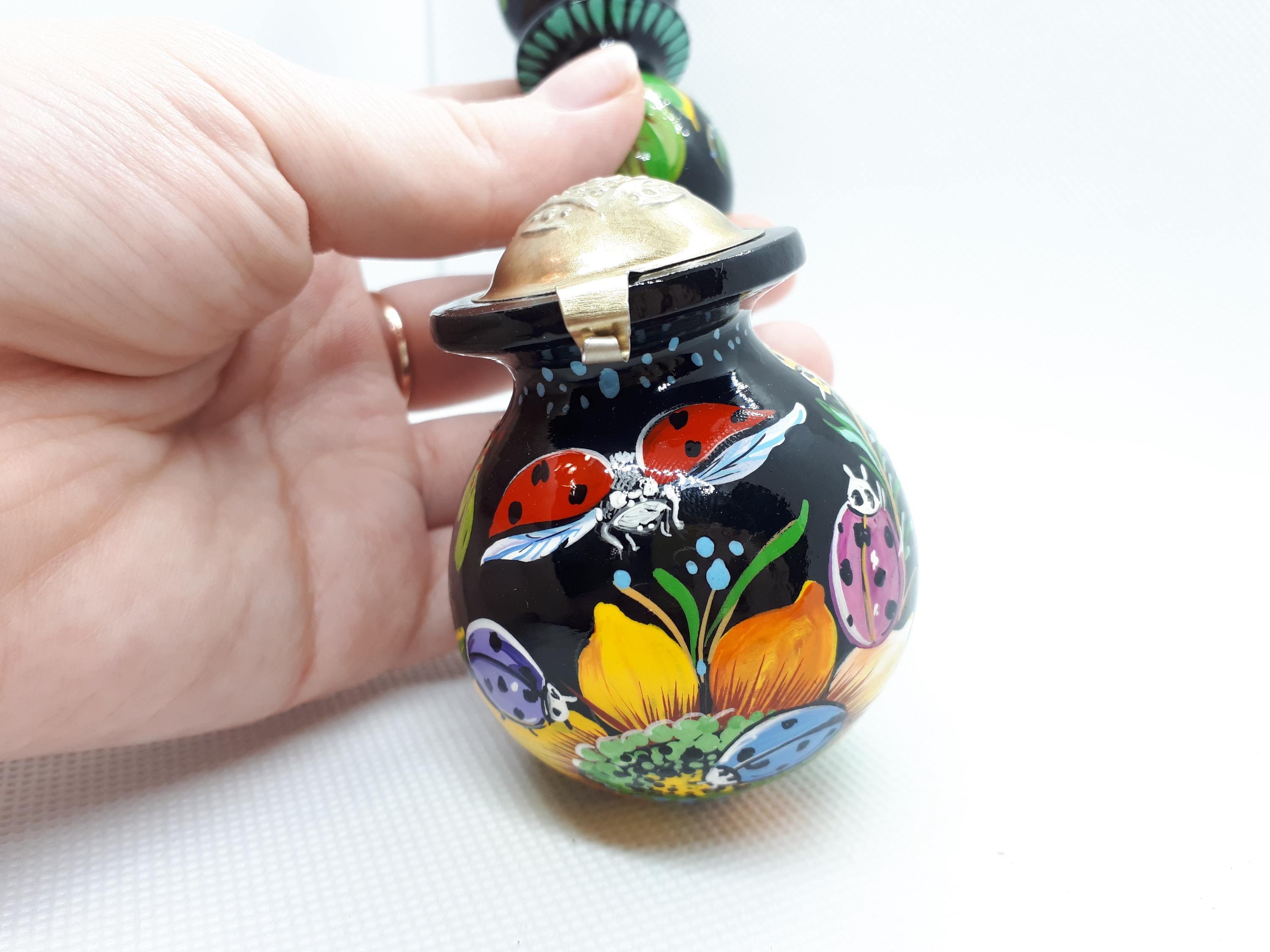 Long Wooden Smoking Pipe with Lid - Painted Ladybug Tobacco Pipe - Ukrainian Folk Art Petrykivka