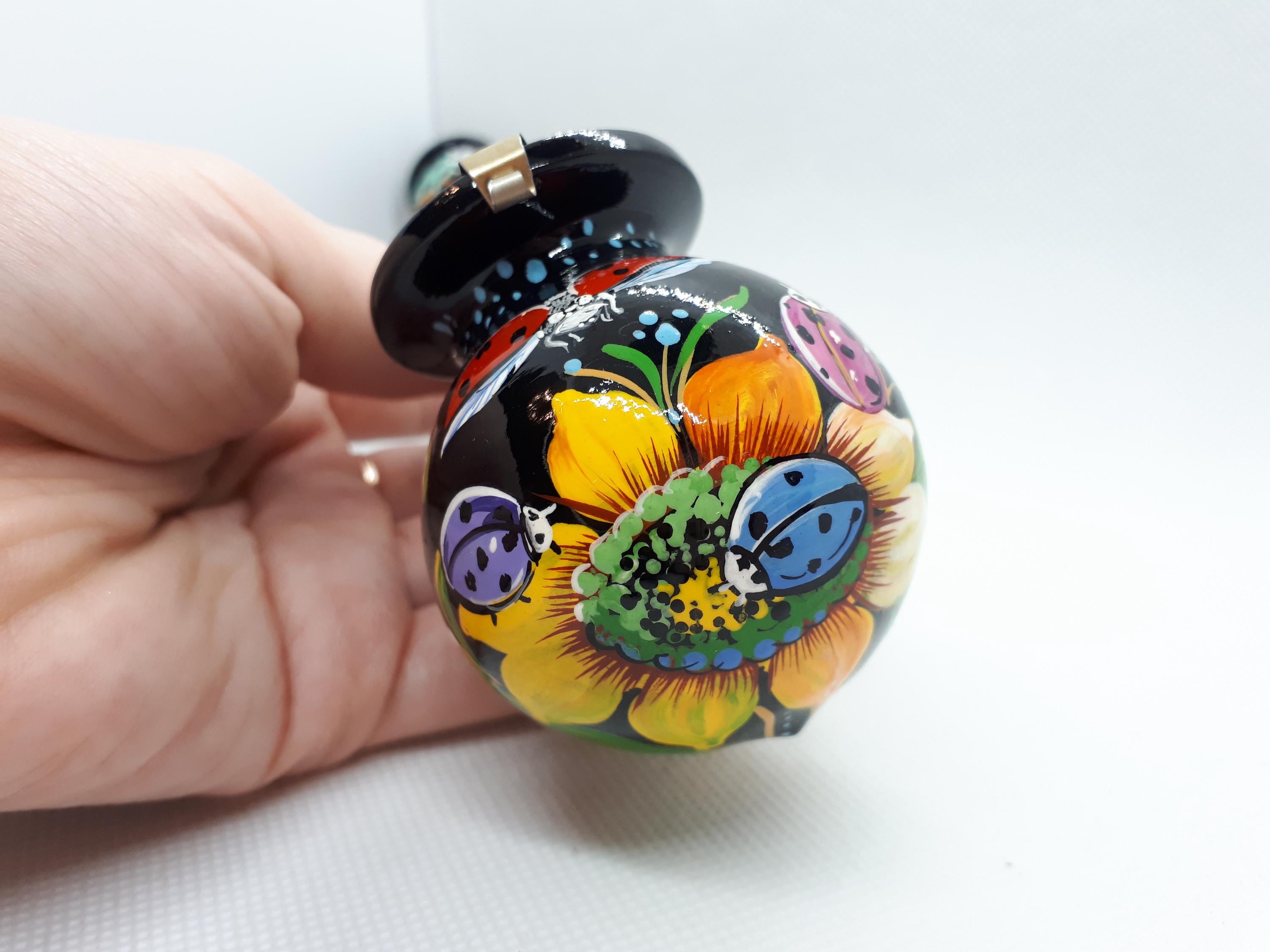 Long Wooden Smoking Pipe with Lid - Painted Ladybug Tobacco Pipe - Ukrainian Folk Art Petrykivka