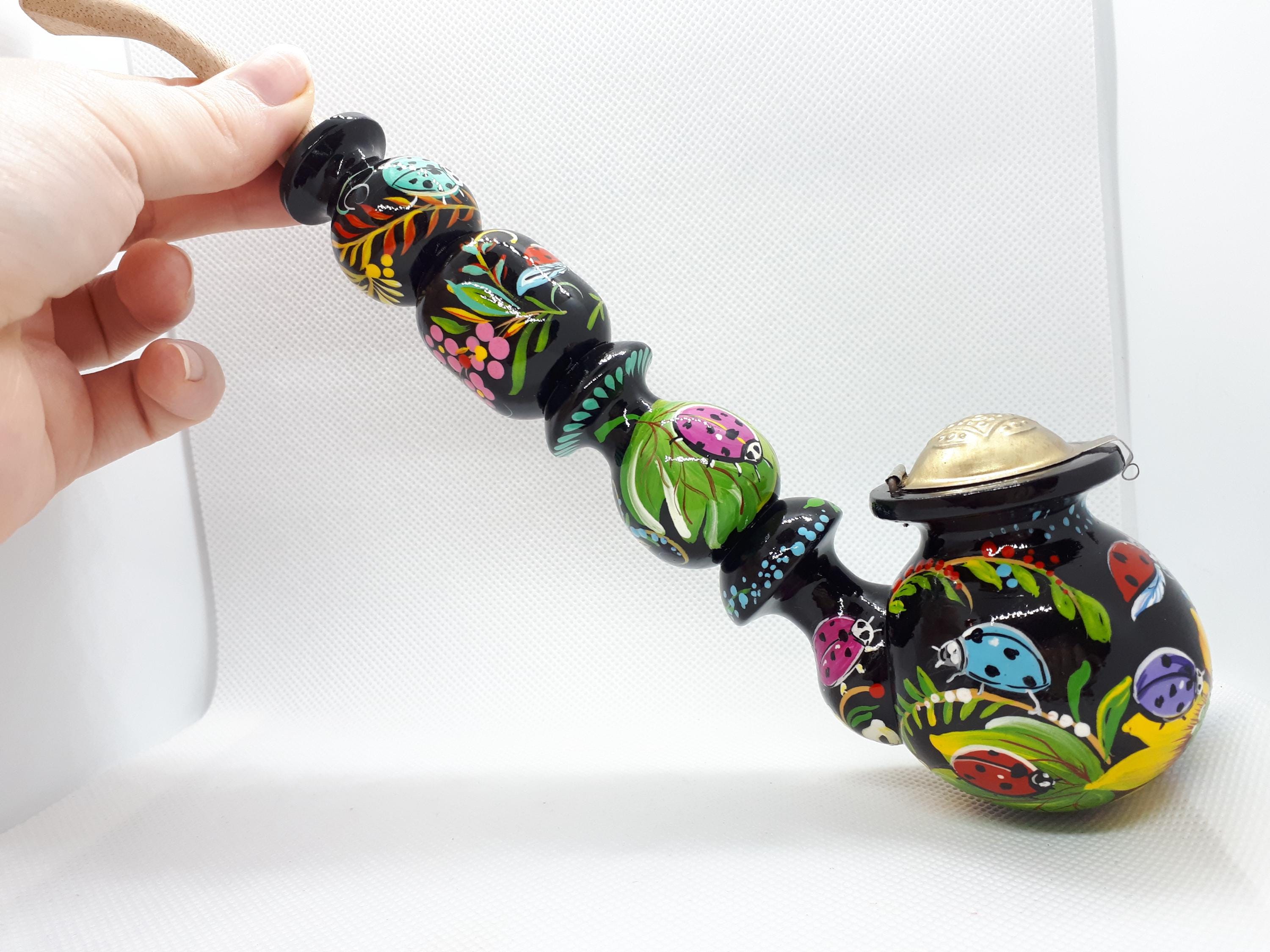 Long Wooden Smoking Pipe with Lid - Painted Ladybug Tobacco Pipe - Ukrainian Folk Art Petrykivka