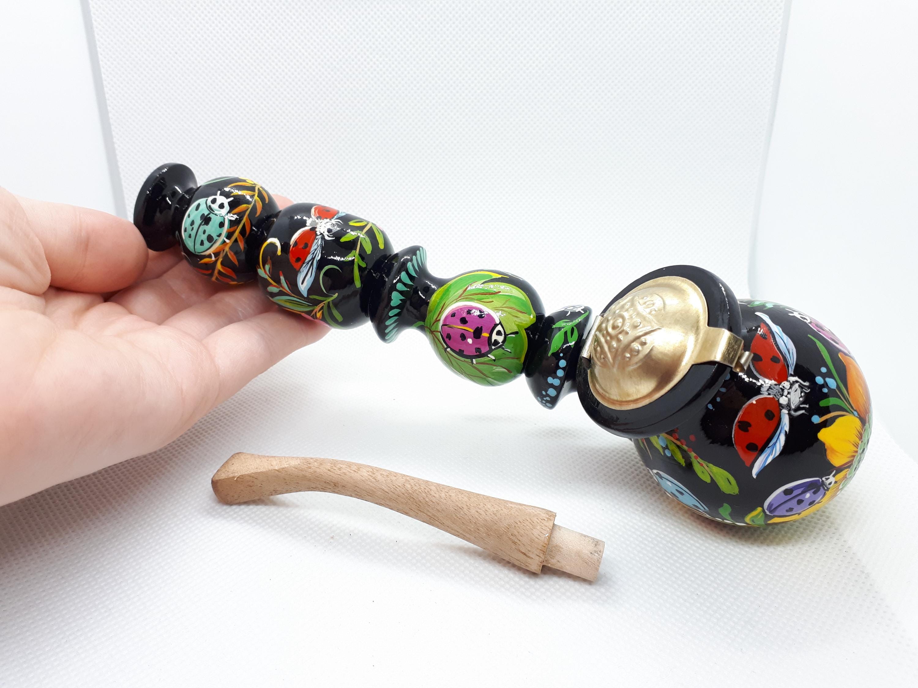 Long Wooden Smoking Pipe with Lid - Painted Ladybug Tobacco Pipe - Ukrainian Folk Art Petrykivka