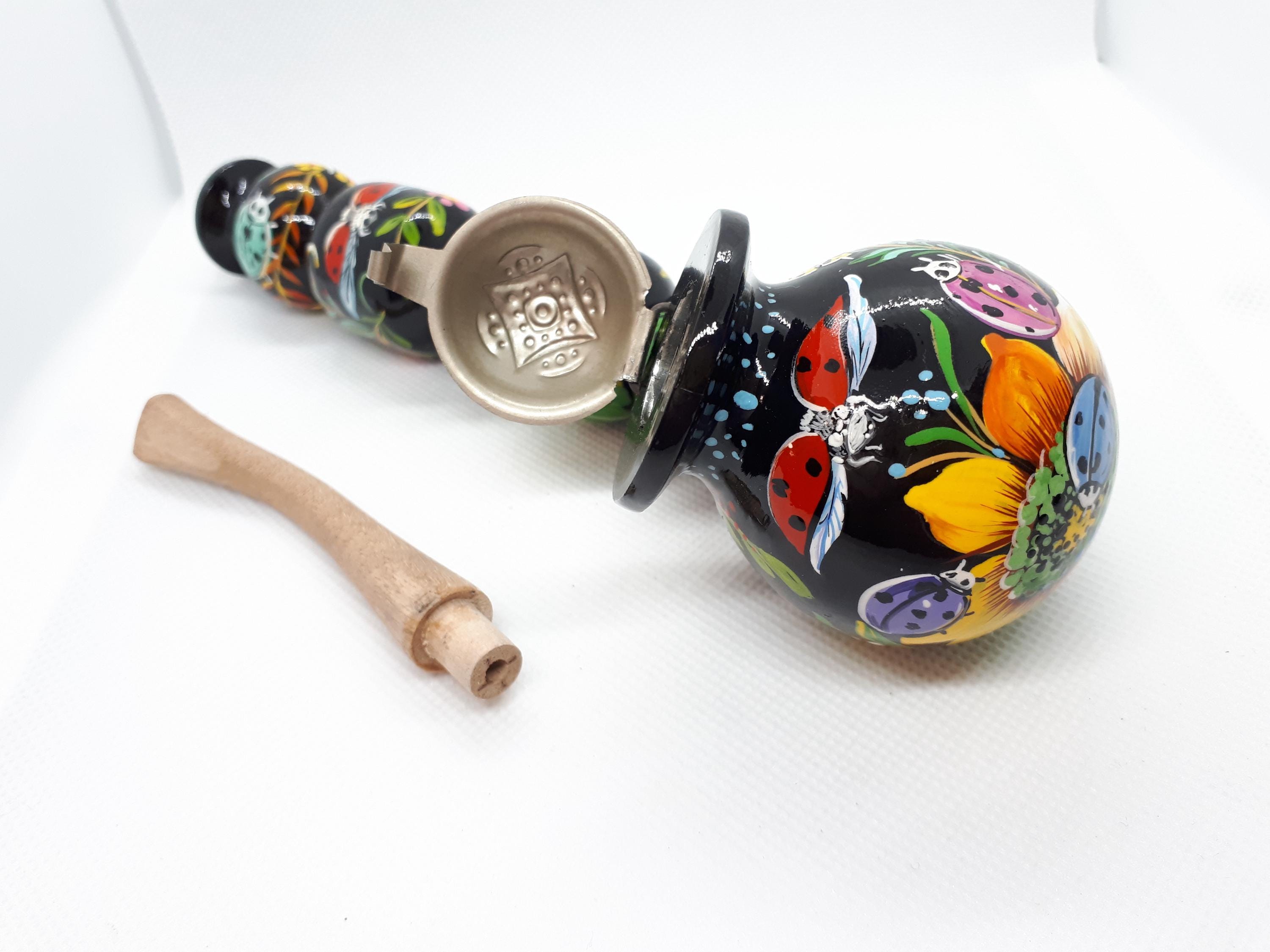 Long Wooden Smoking Pipe with Lid - Painted Ladybug Tobacco Pipe - Ukrainian Folk Art Petrykivka