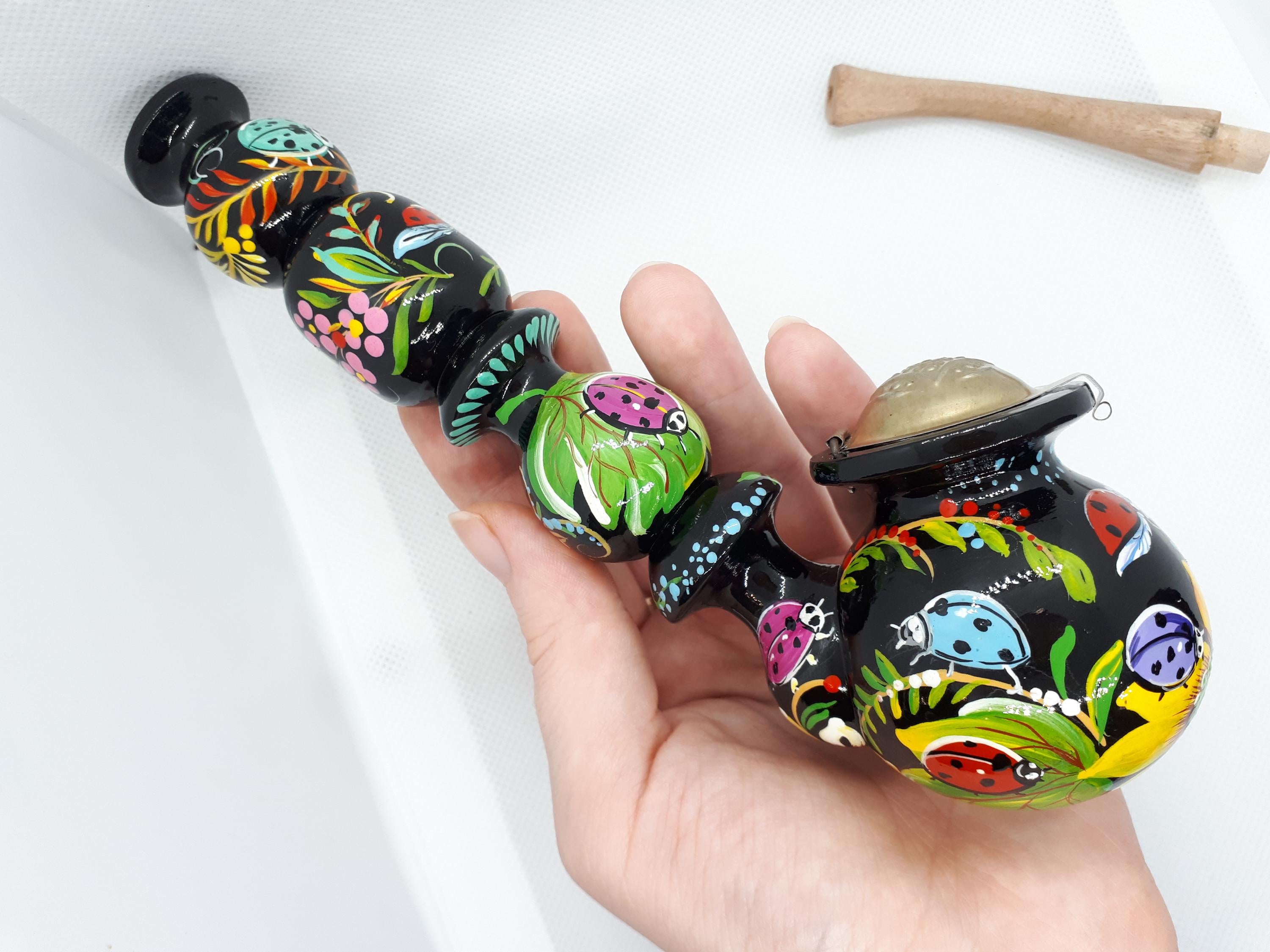 Long Wooden Smoking Pipe with Lid - Painted Ladybug Tobacco Pipe - Ukrainian Folk Art Petrykivka