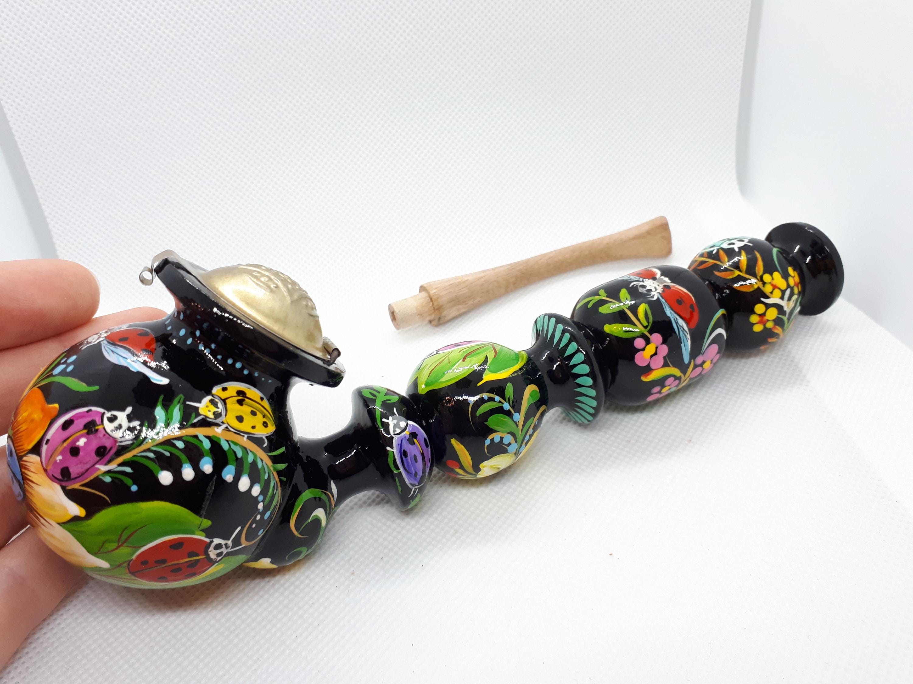 Long Wooden Smoking Pipe with Lid - Painted Ladybug Tobacco Pipe - Ukrainian Folk Art Petrykivka