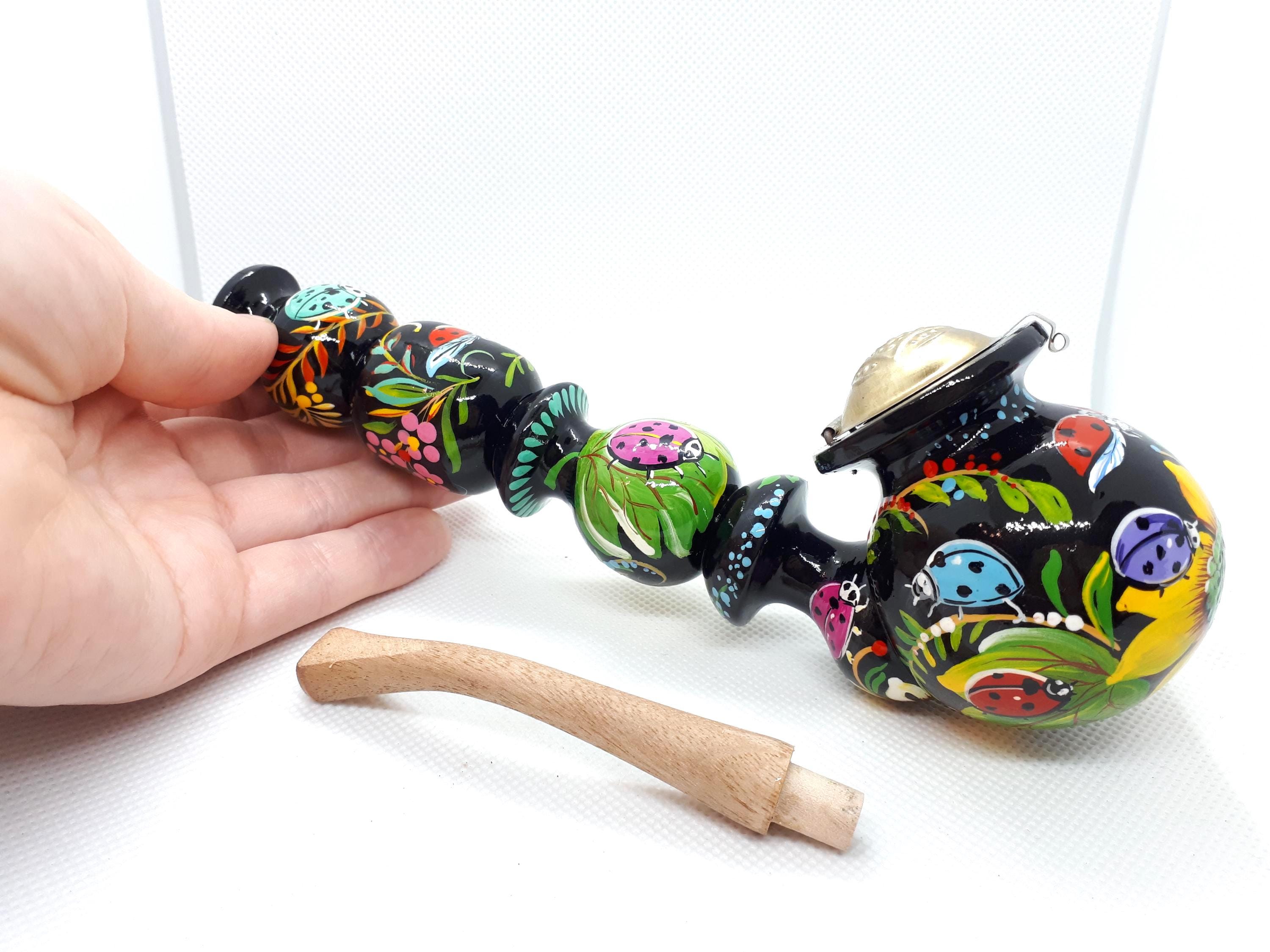 Long Wooden Smoking Pipe with Lid - Painted Ladybug Tobacco Pipe - Ukrainian Folk Art Petrykivka