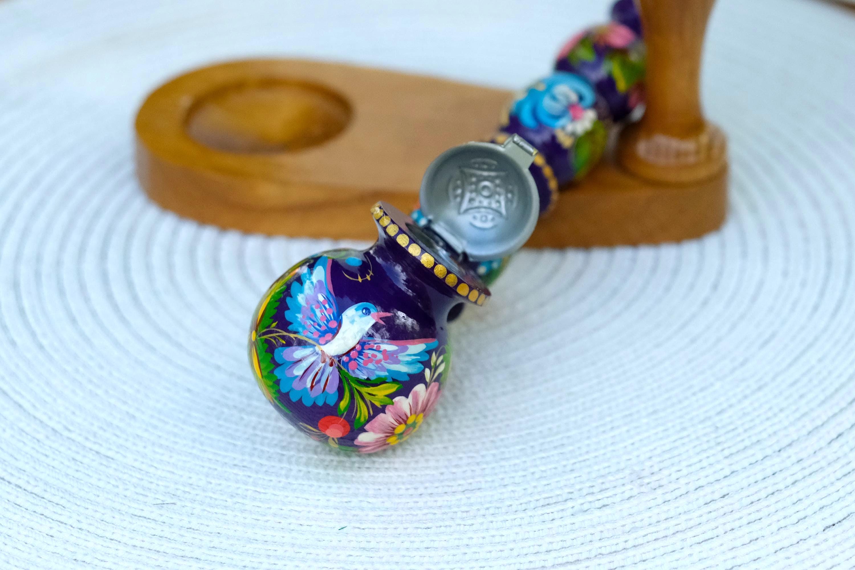 Long Wooden Smoking Pipe Painted with Dove - Ukrainian Folk Art Petrykivka, Purple Flower Tobacco Pipe