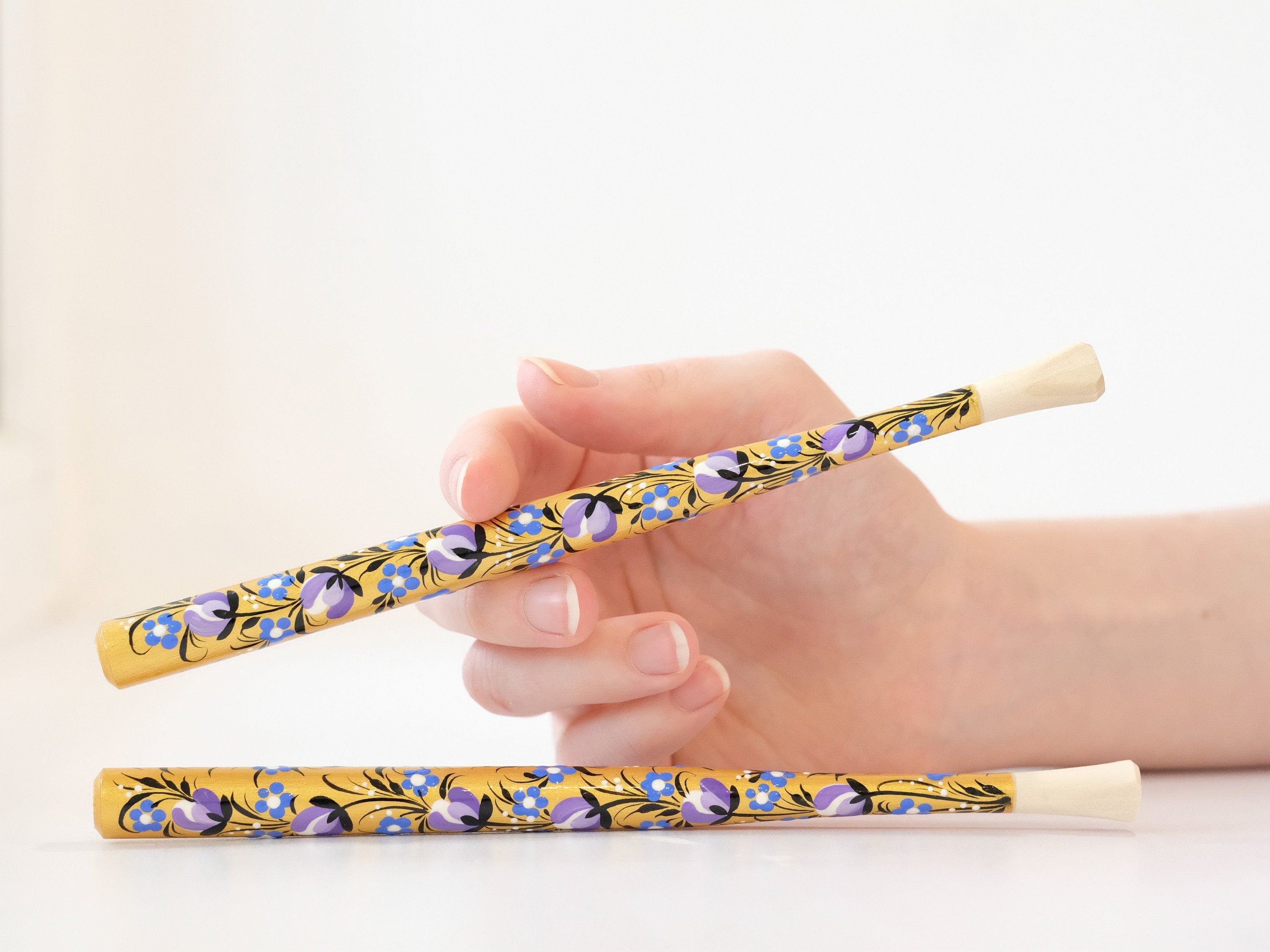 Long Wooden Regular Cigarette Holder - Hand-painted with Ukrainian Folk Art Petrykivka - Purple Flowers