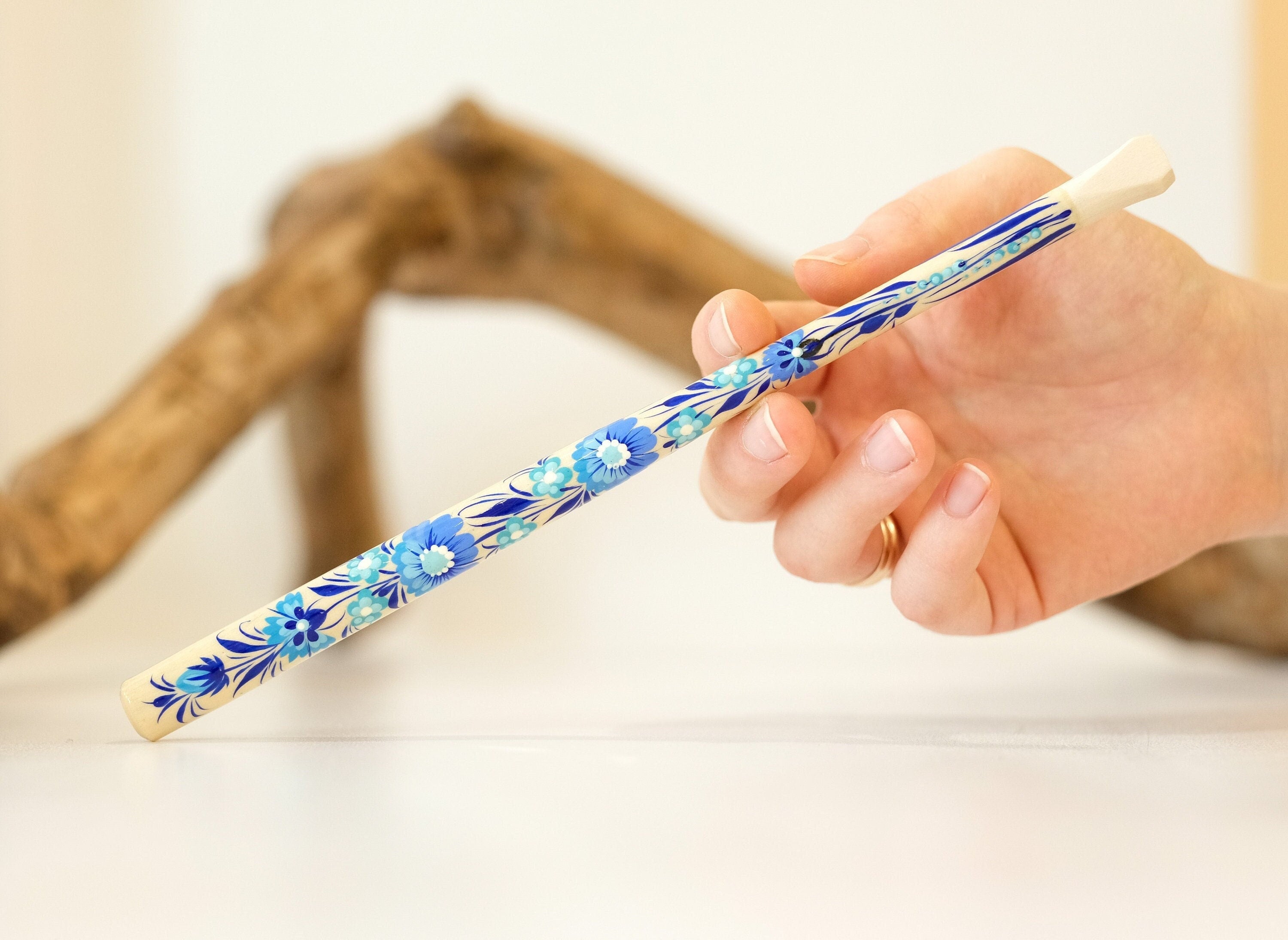 Extra long Wooden Regular Cigarette Holder - Hand-painted with Ukrainian Folk Art Petrykivka - Blue Flowers