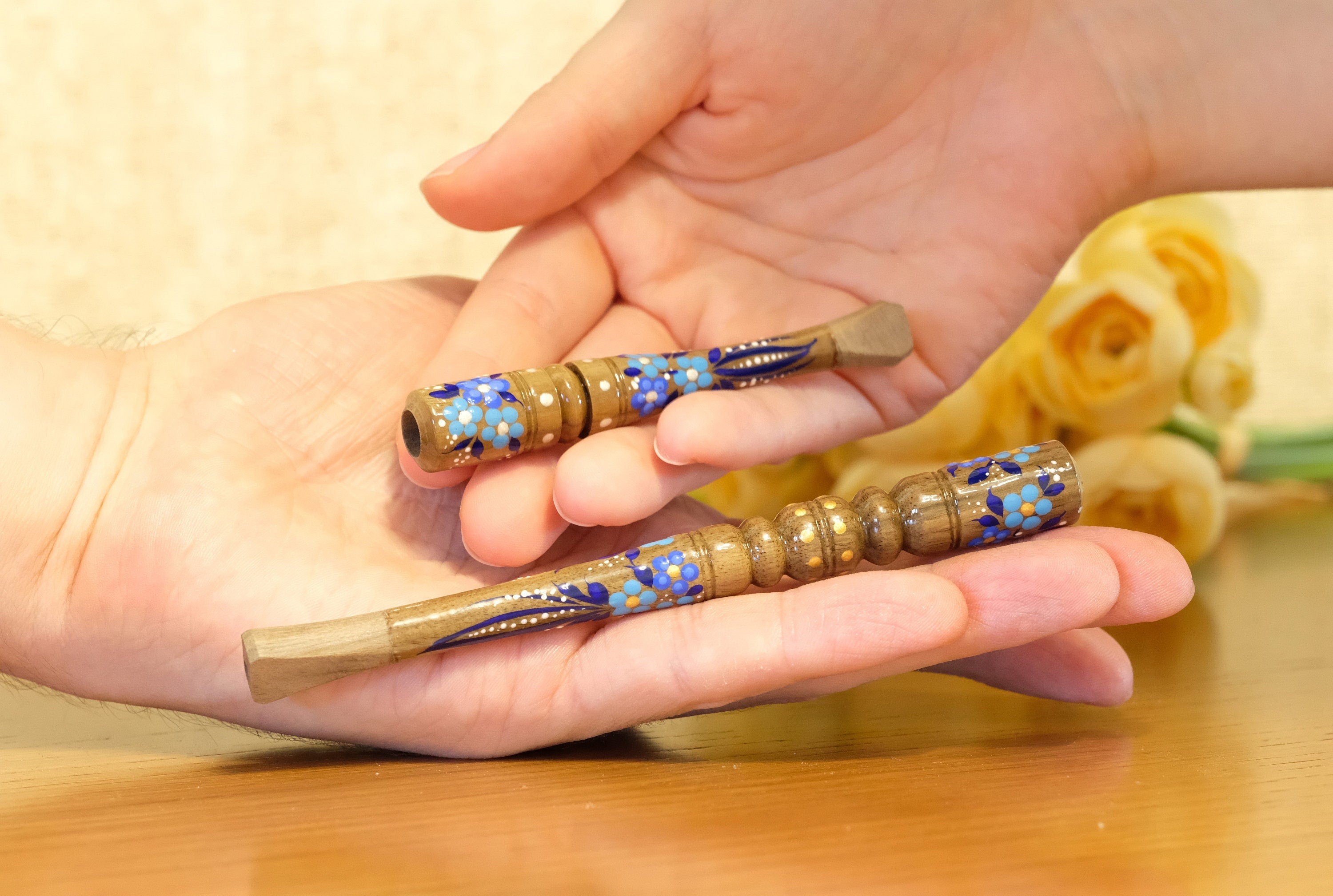 Painted Wooden Cigarette Holder - Regular Blue Flower Mouthpiece with Ukrainian Folk Art Petrykivka