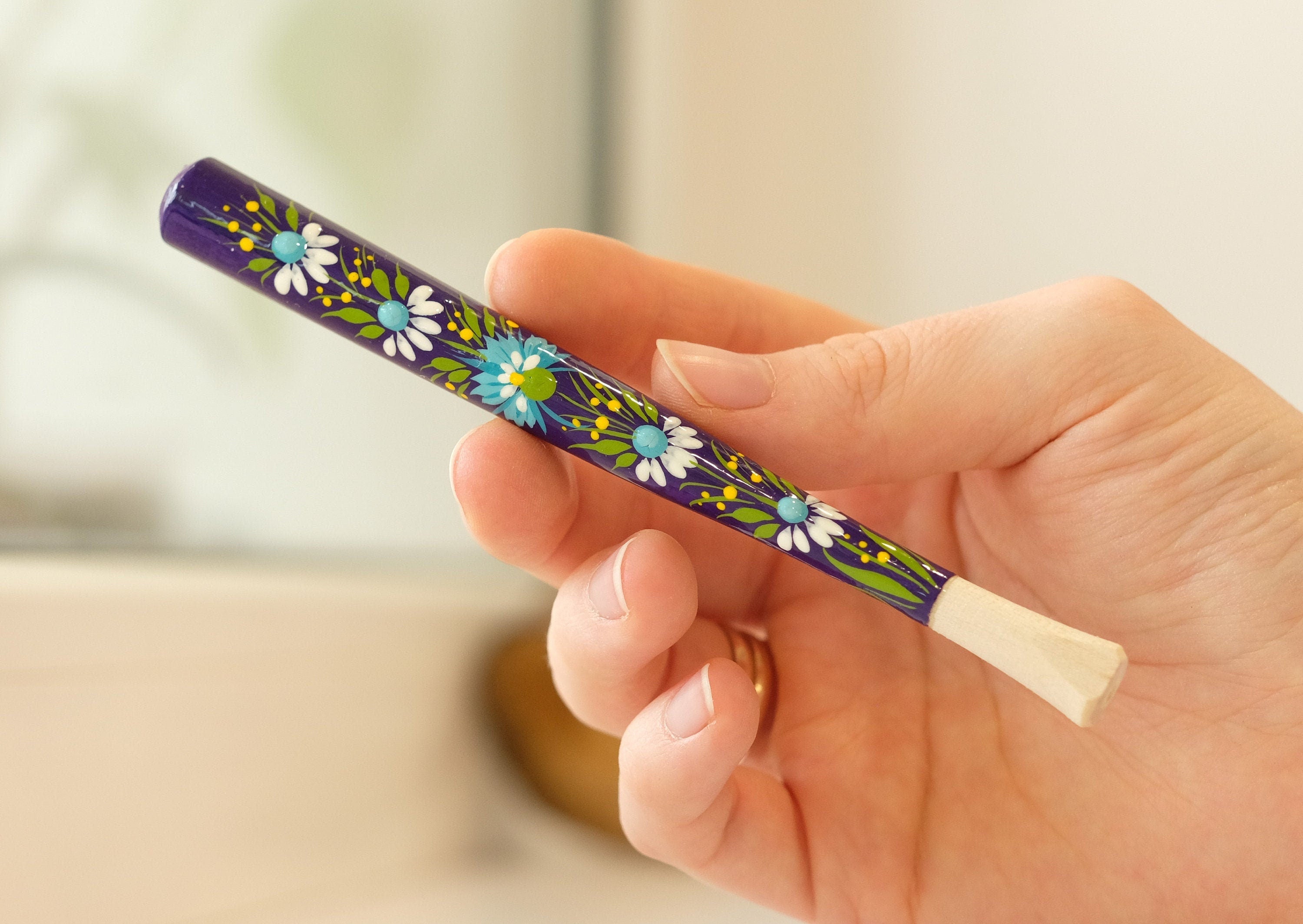 Painted Wooden Cigarette Holder - Regular & Slim - Purple Flower Mouthpiece with Ukrainian Folk Art Petrykivka