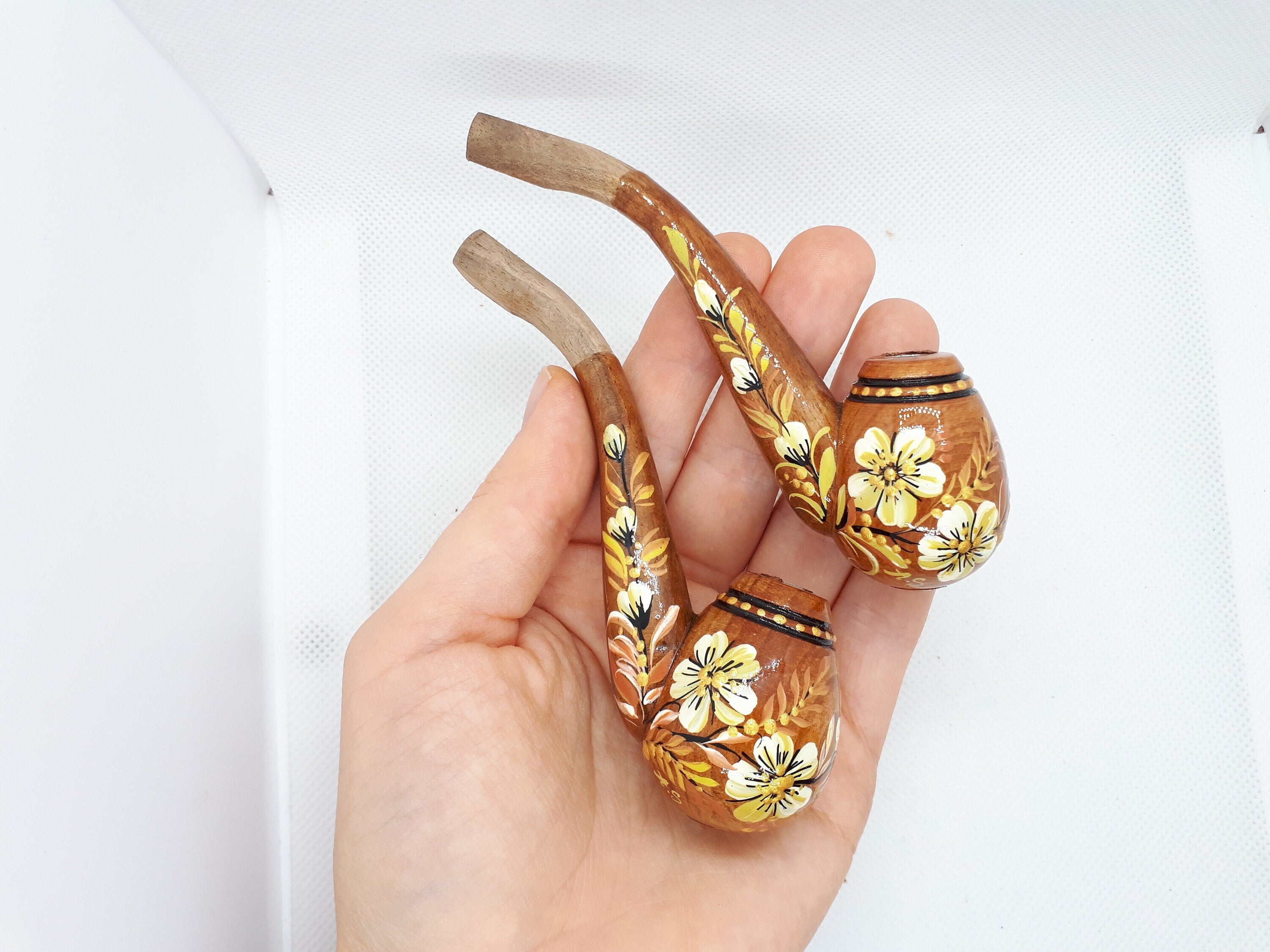 Regular Cigarette Holder - Painted Wooden Mini Pipe Cigarette Holder with Ukrainian Folk Art Petrykivka