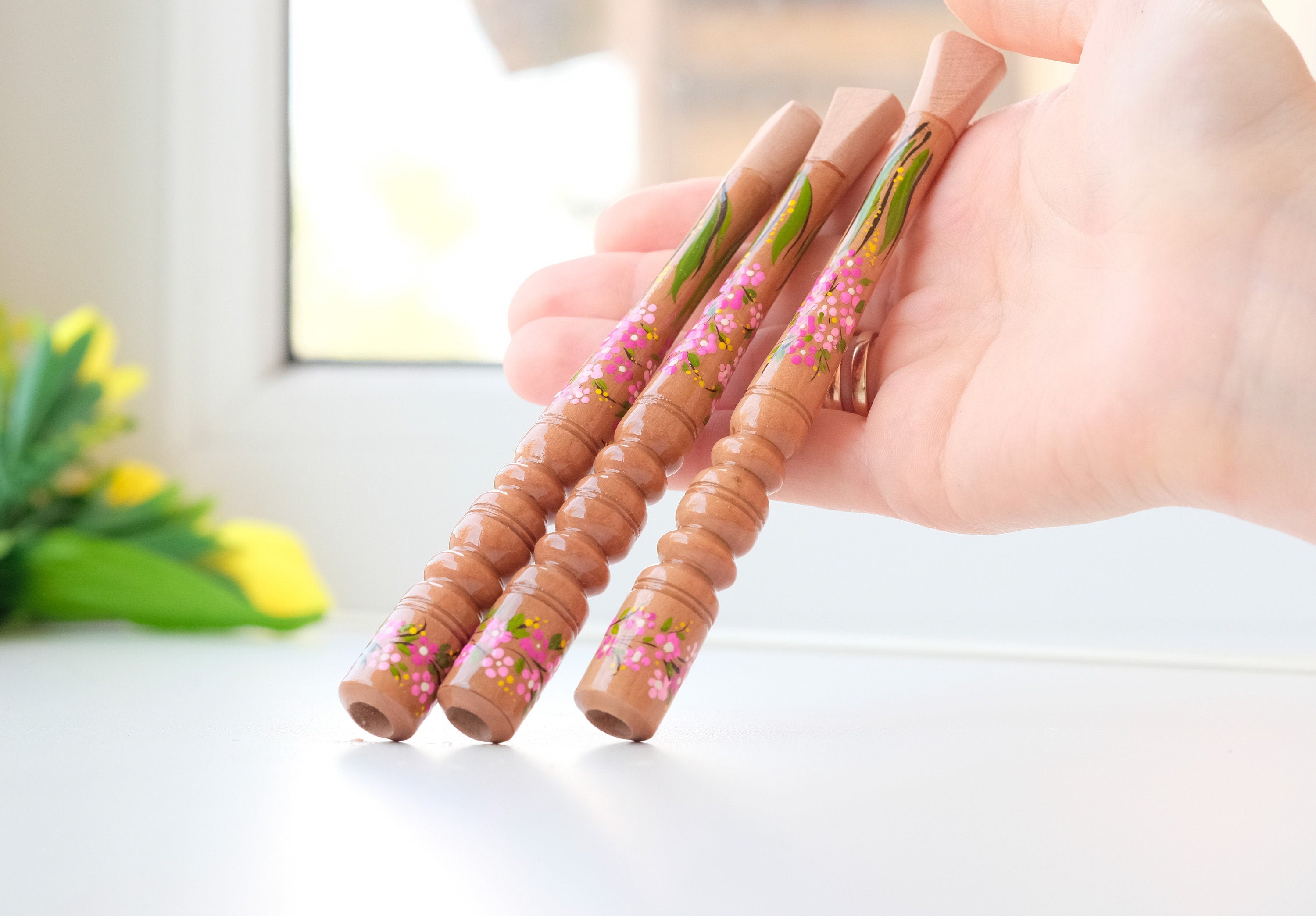 Painted Wooden Cigarette Holder for Regular Cigarette with Ukrainian Folk Art Petrykivka - Cherry Blossom