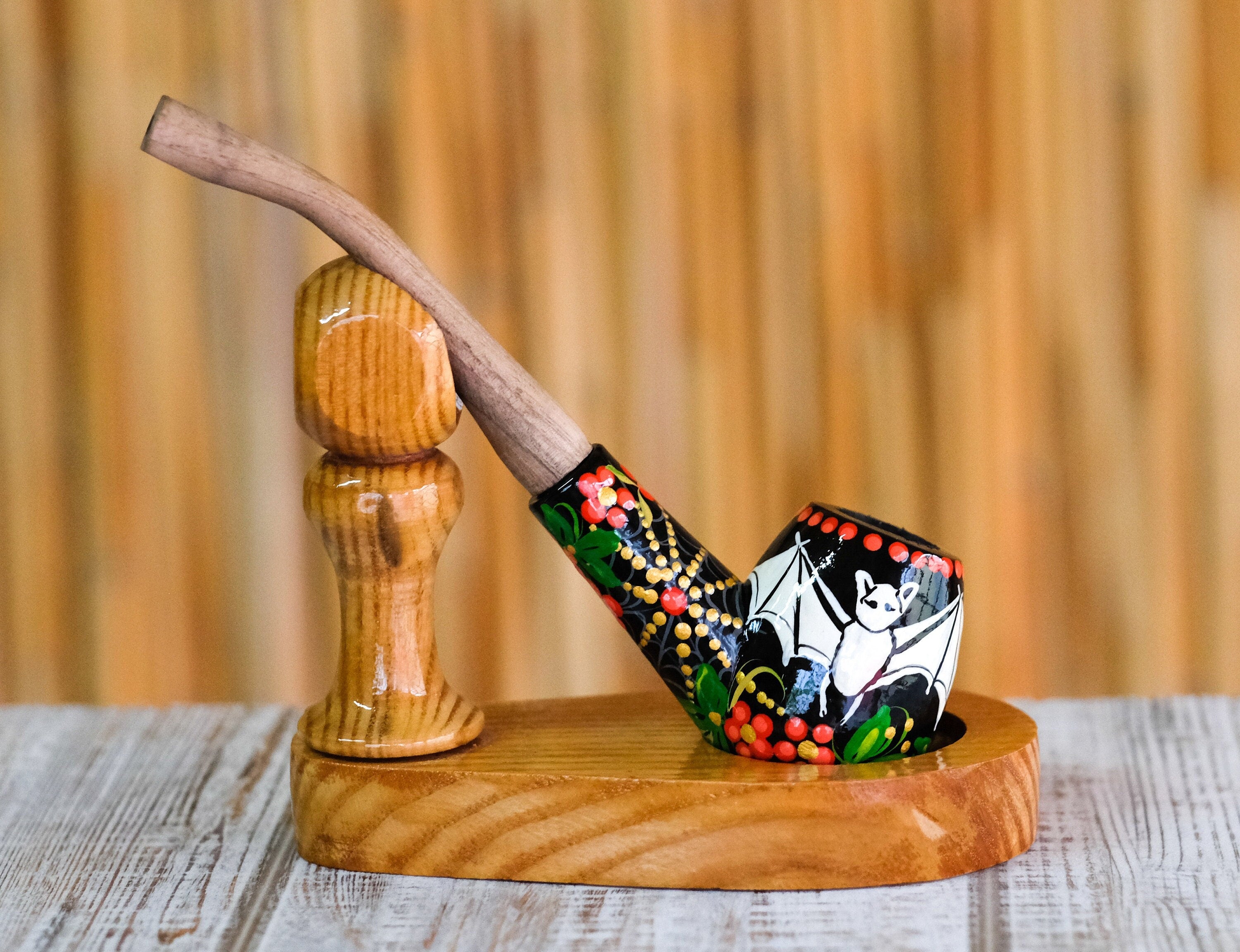 Painted Flying Bat Smoking Pipe - Halloween Wooden Tobacco Pipe Made in Ukraine