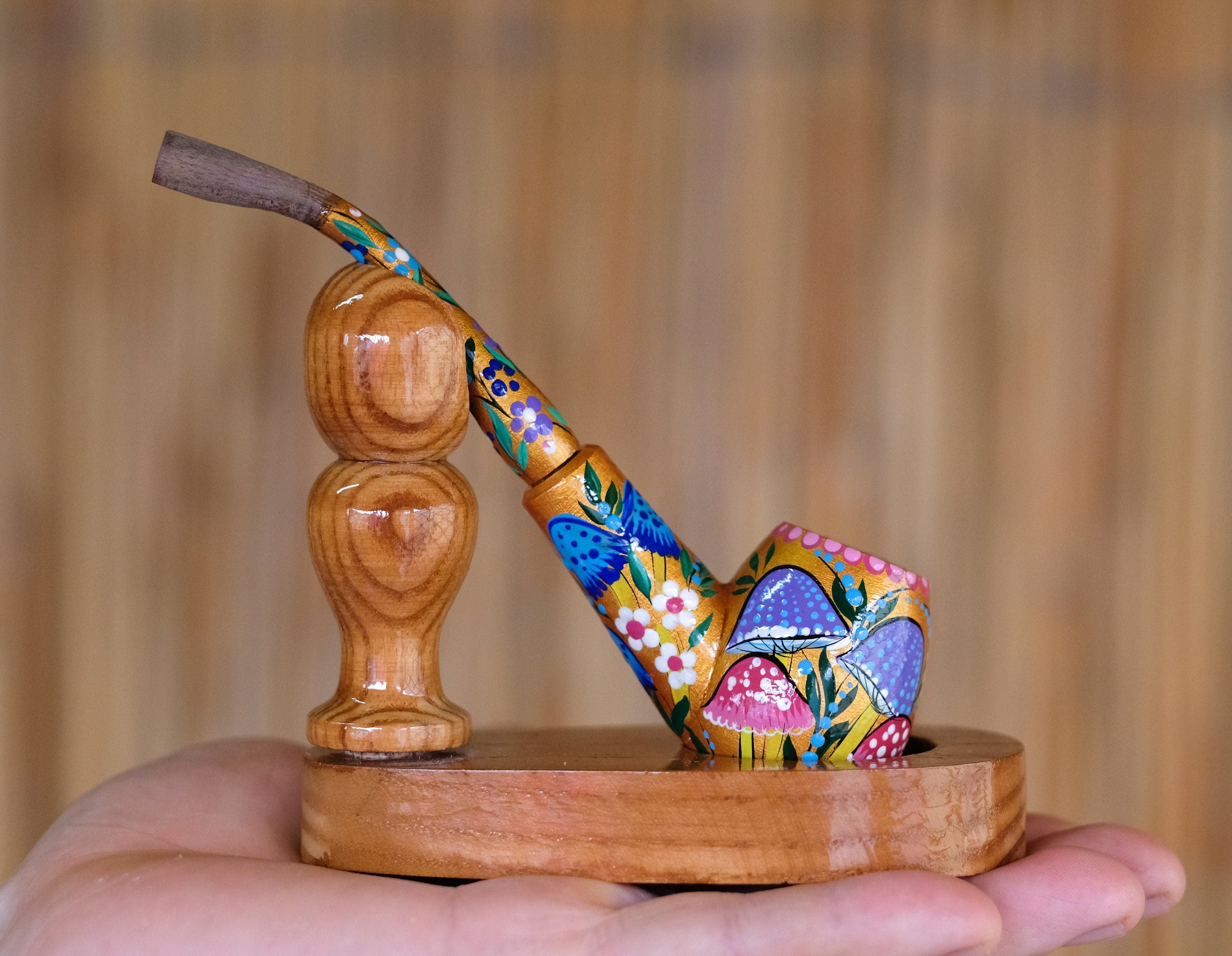 Painted Wooden Mushroom Smoking Pipe - Ukrainian Folk Art Tobacco Pipe