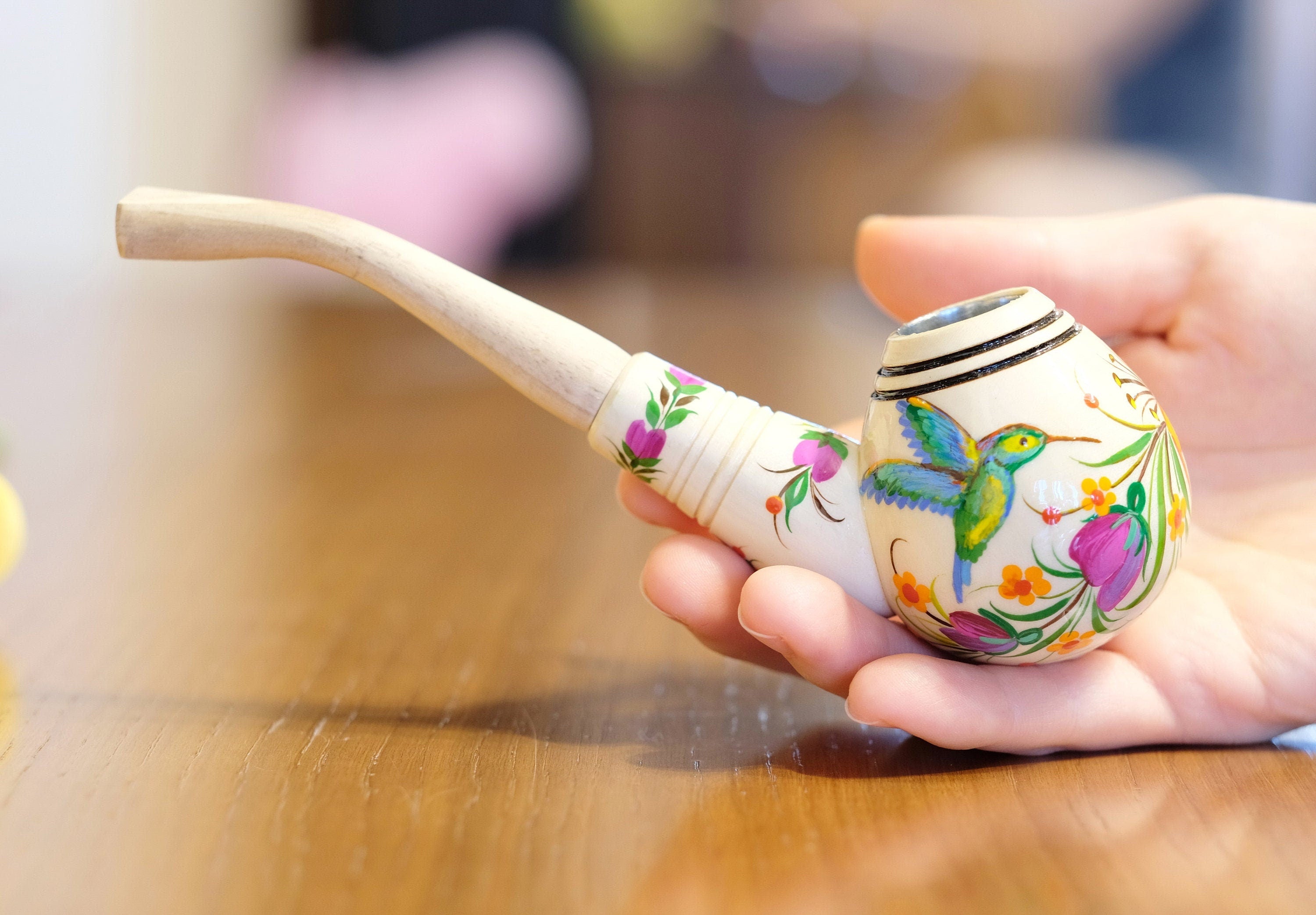 Painted Wooden Smoking Pipe - Hummingbird Tobacco Pipe with Ukrainian Folk Art Petrykivka