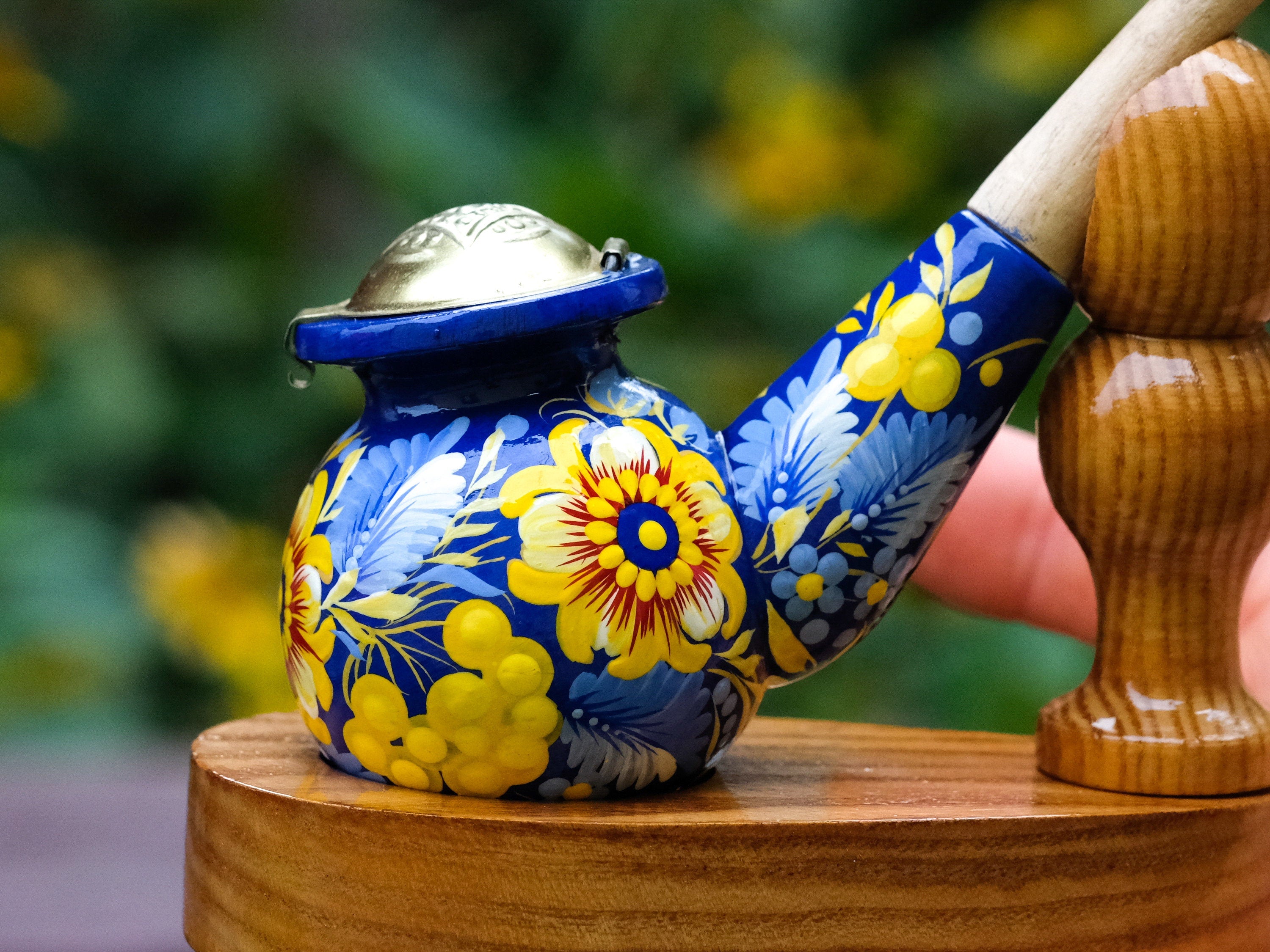 Painted Wooden Smoking Pipe with Lid - Blue & Yellow Ukrainian Folk Art Petrykivka Tobacco Pipe