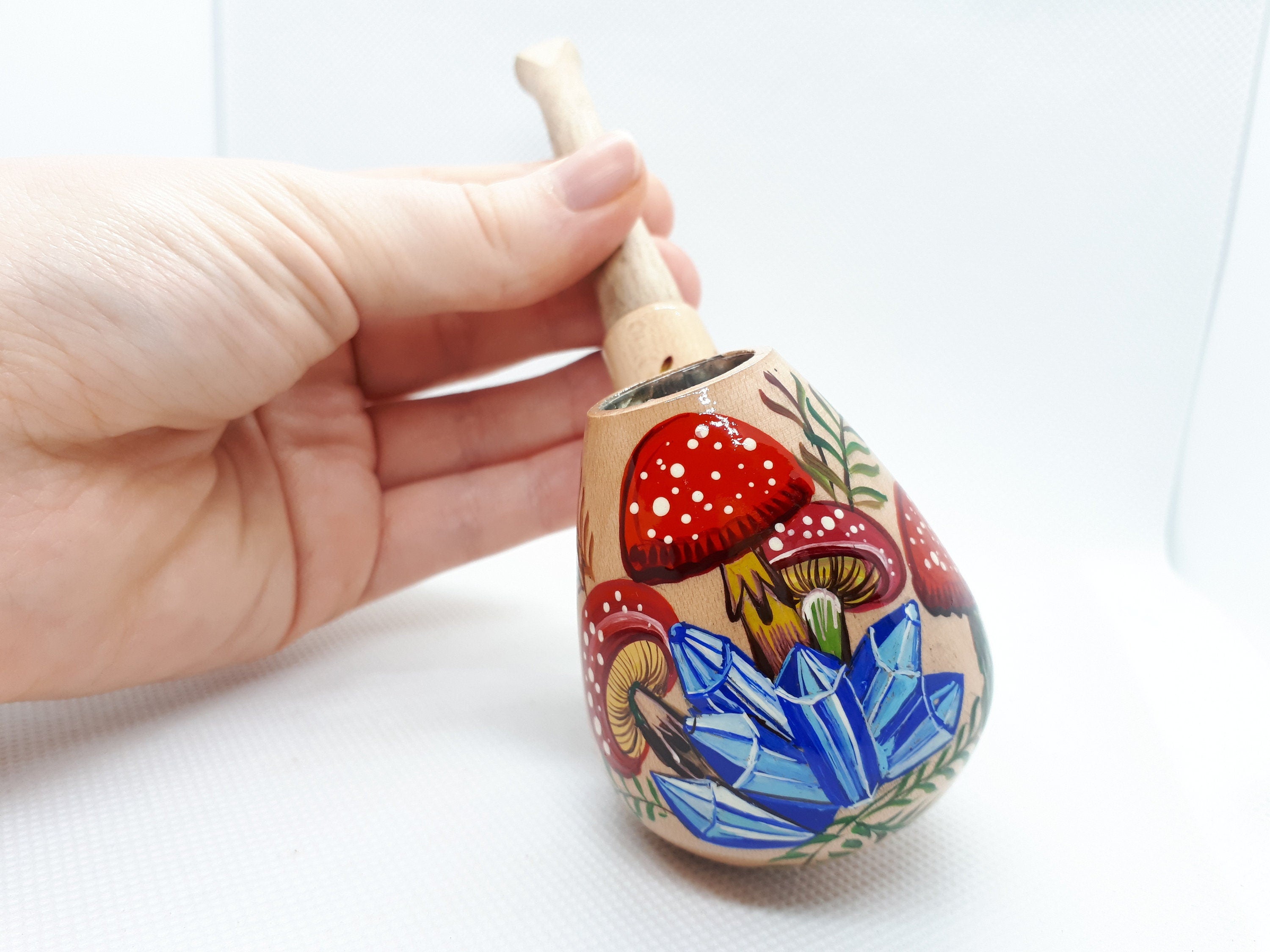 Painted Wooden Smoking Pipe - Mushroom & Crystal Tobacco Pipe Made in Ukraine