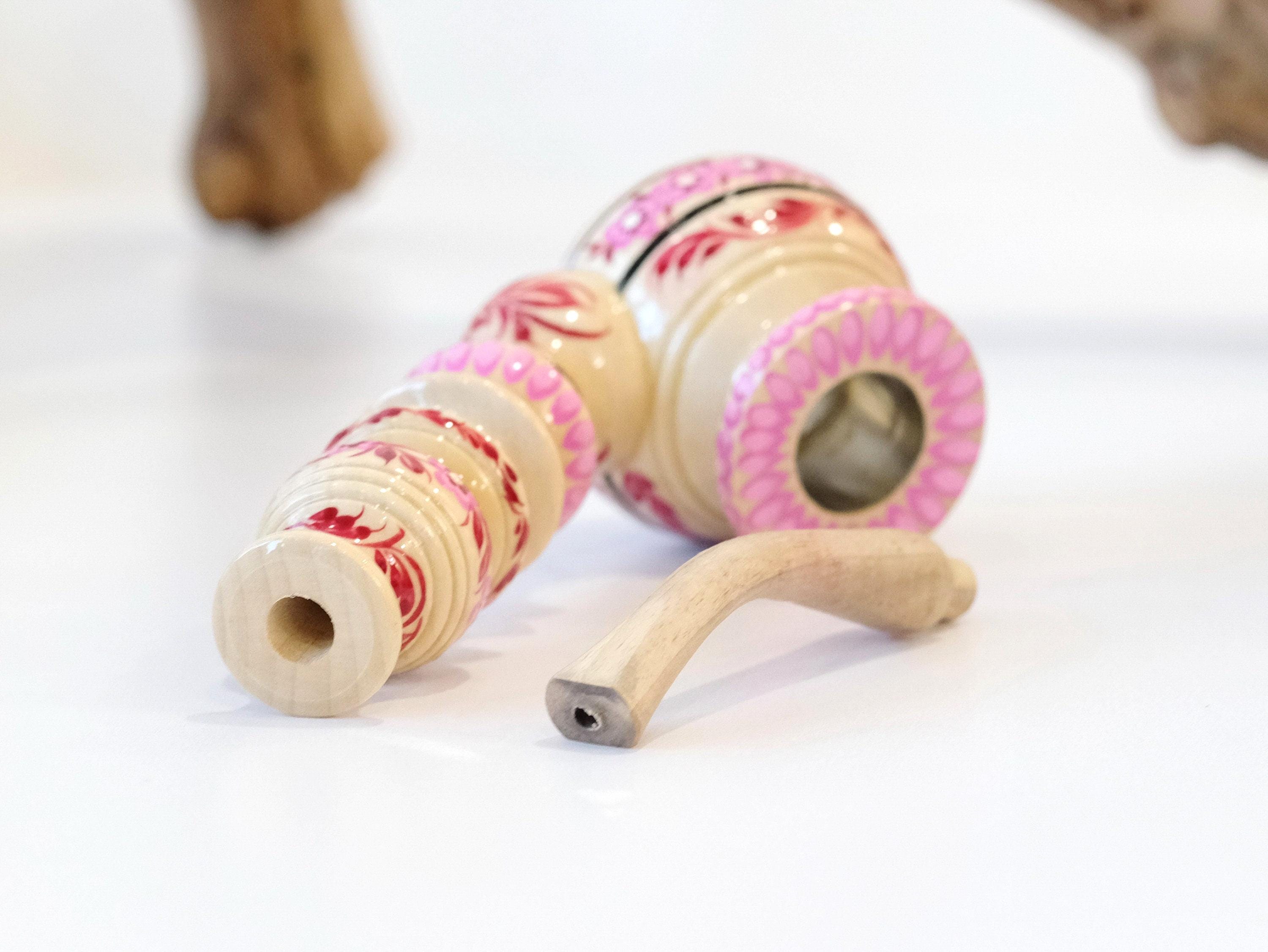 Painted Wooden Smoking Pipe - Pink Cherry Blossom Tobacco Pipe with Ukrainian Folk Art Petrykivka